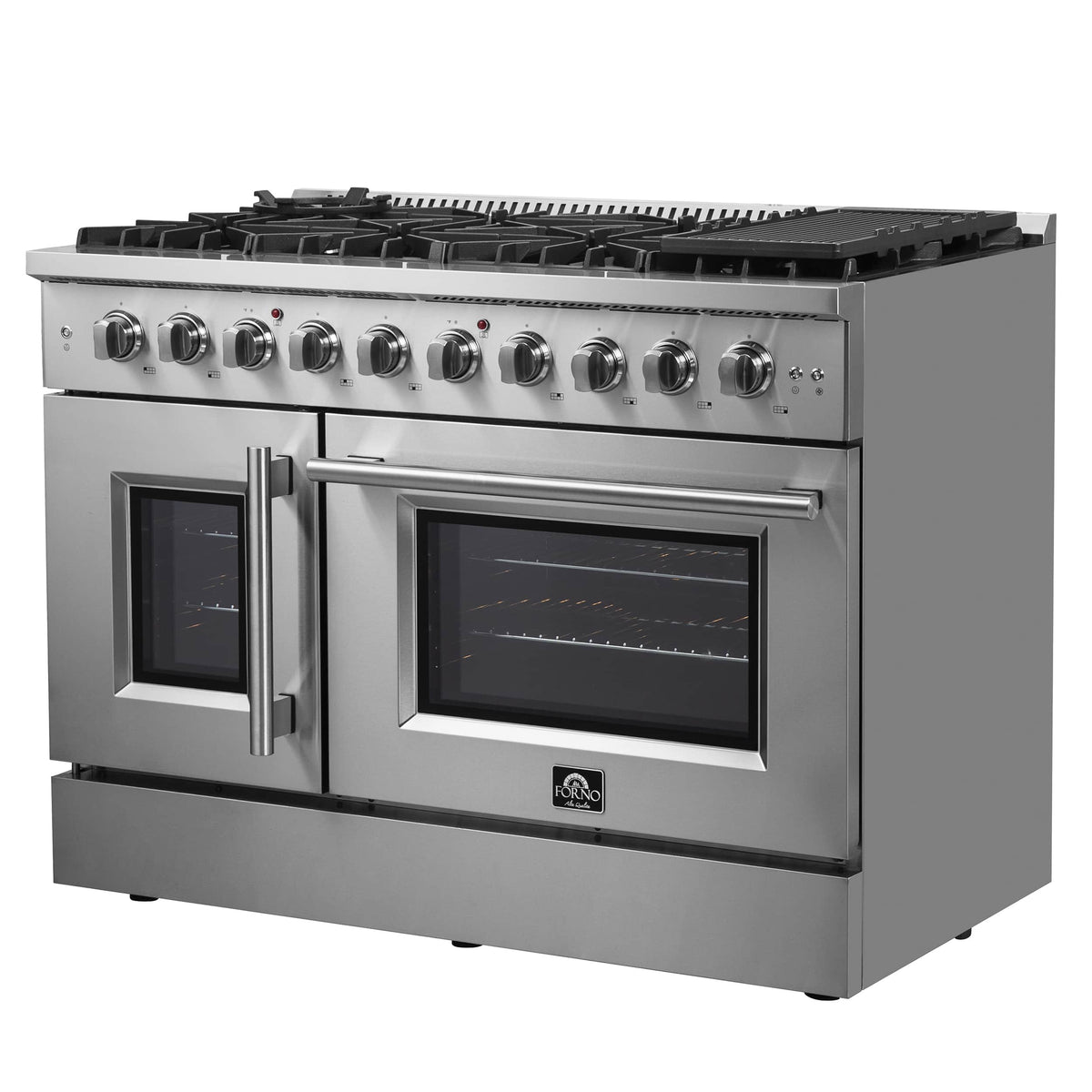 Stainless steel gas range with two oven doors, control knobs, and cooktop grates
