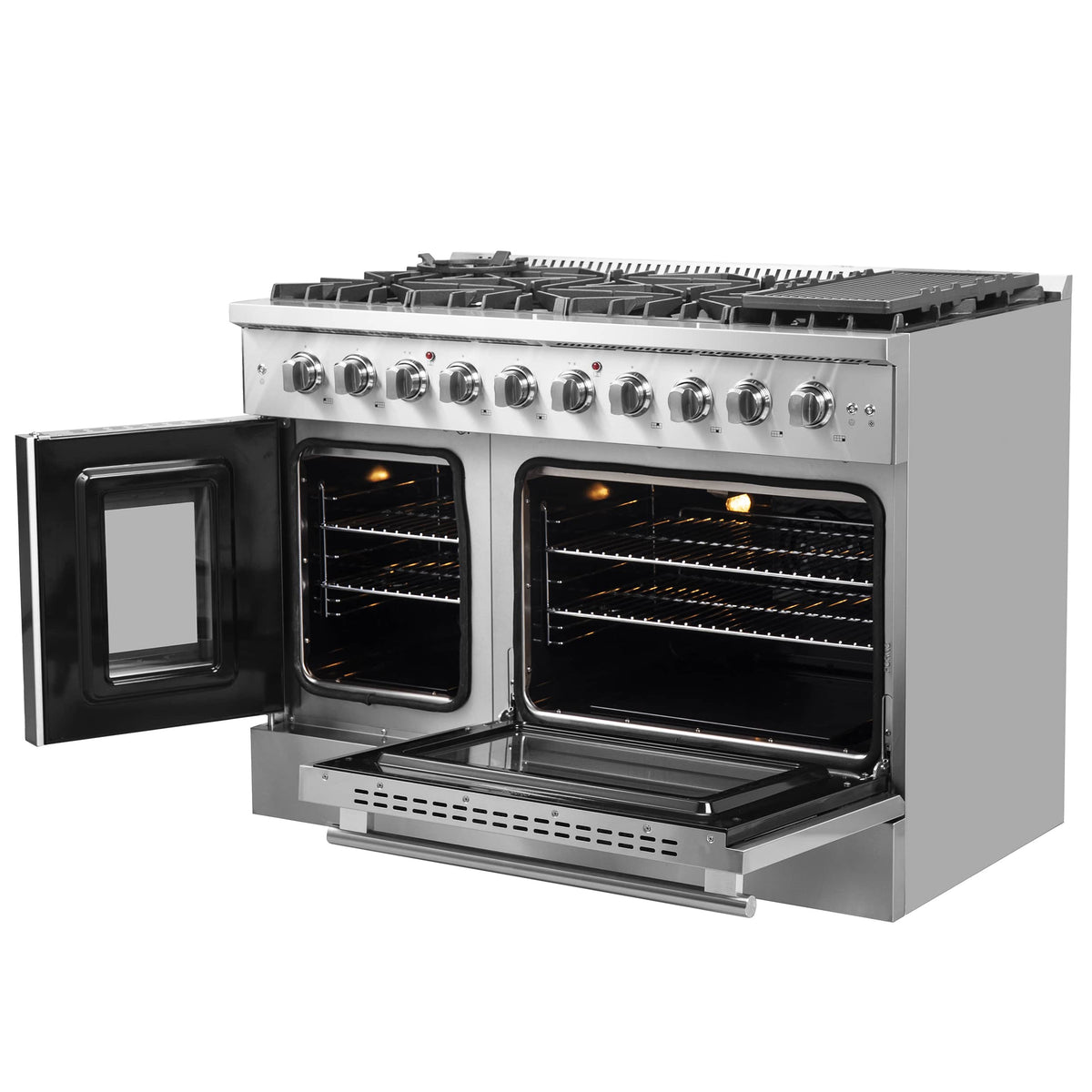 Stainless steel gas range with two oven doors open and orange heating elements
