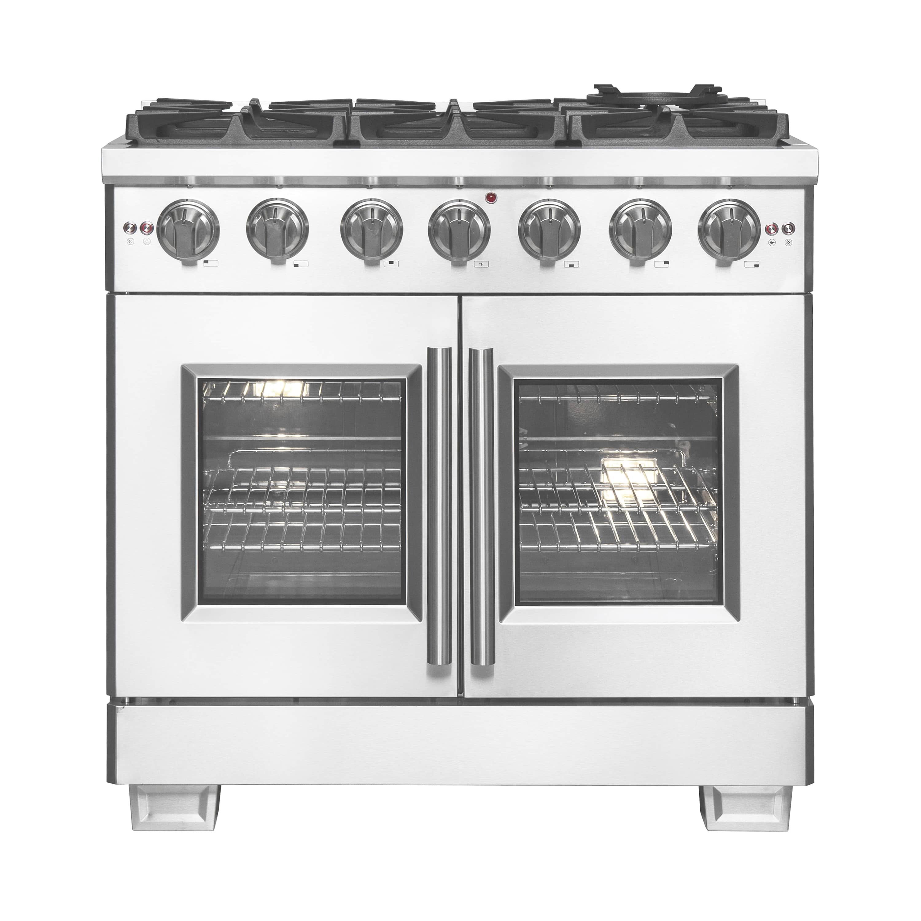 Stainless steel 36-inch gas range with French-door double ovens