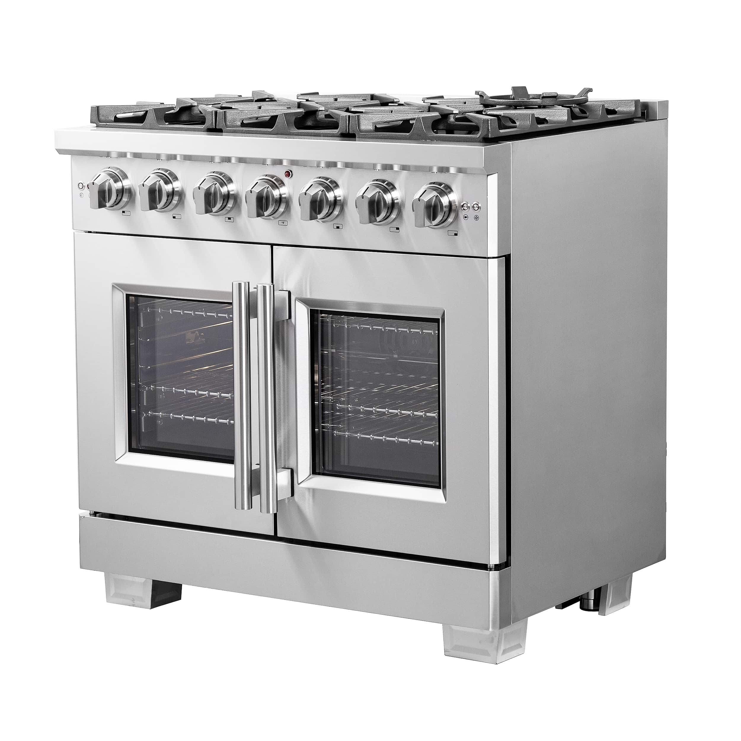 Stainless steel gas range with two glass oven doors and control knobs on backguard