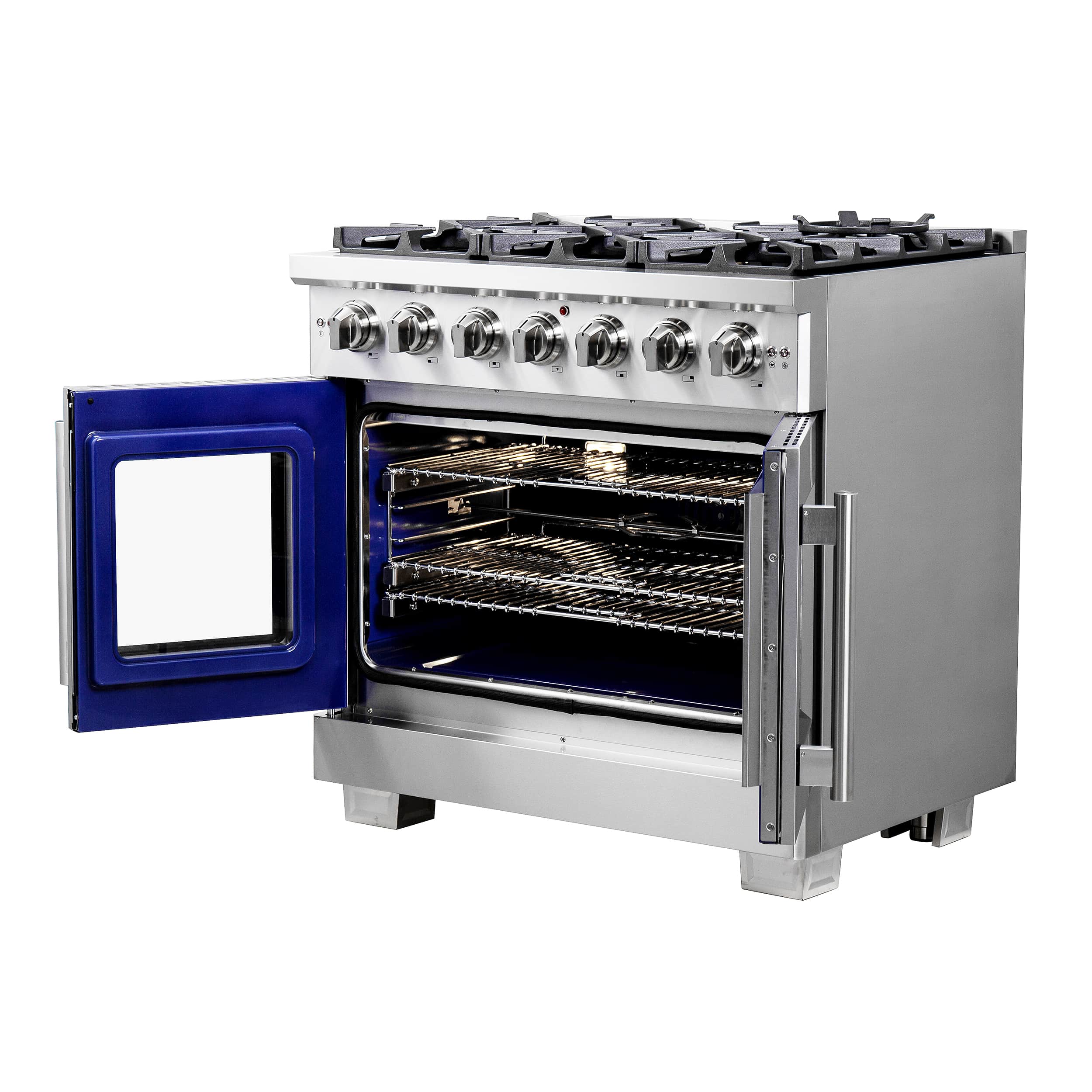 Stainless steel gas range with open French-door oven and black wire oven racks