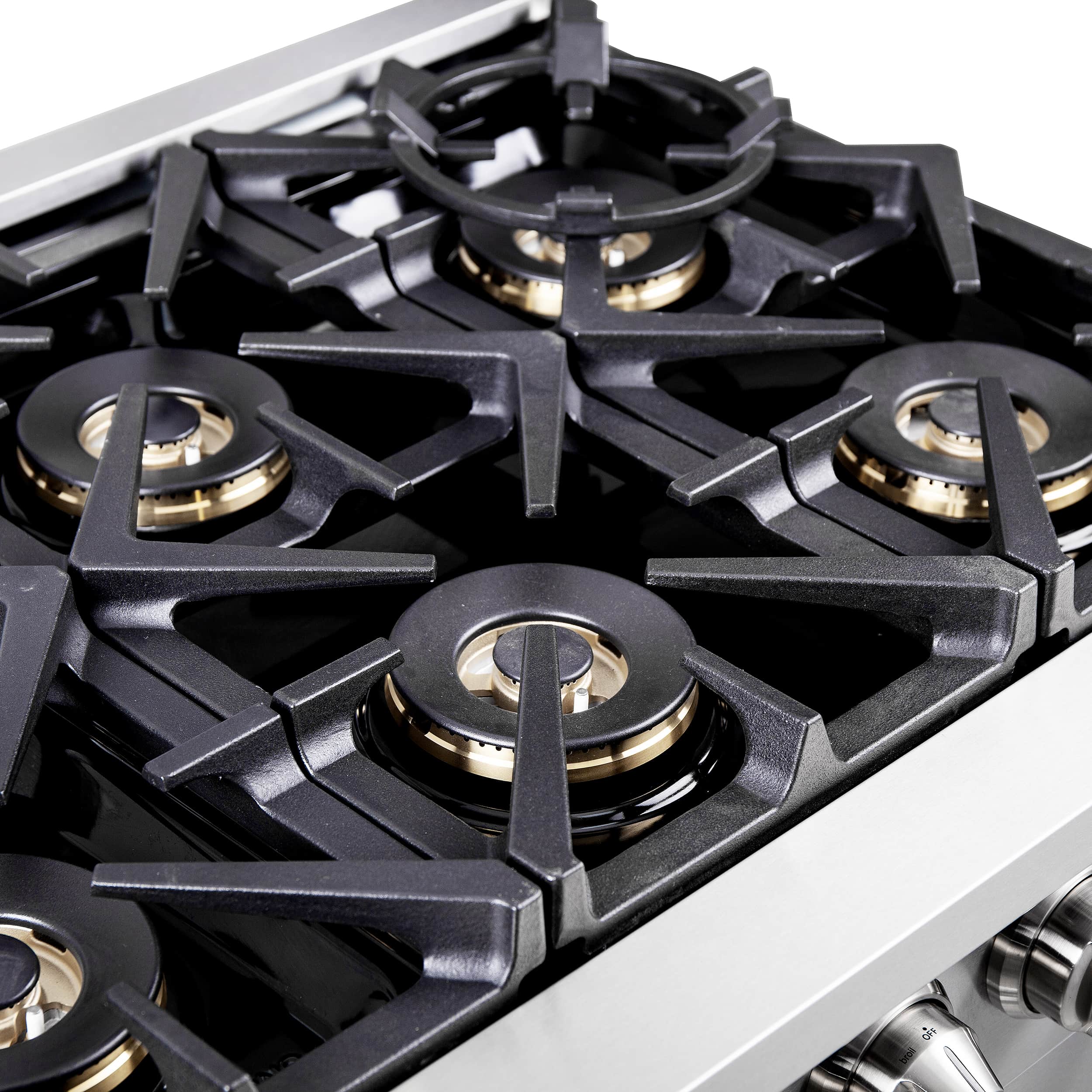 Gas range cooktop with cast-iron grates and four round burner caps