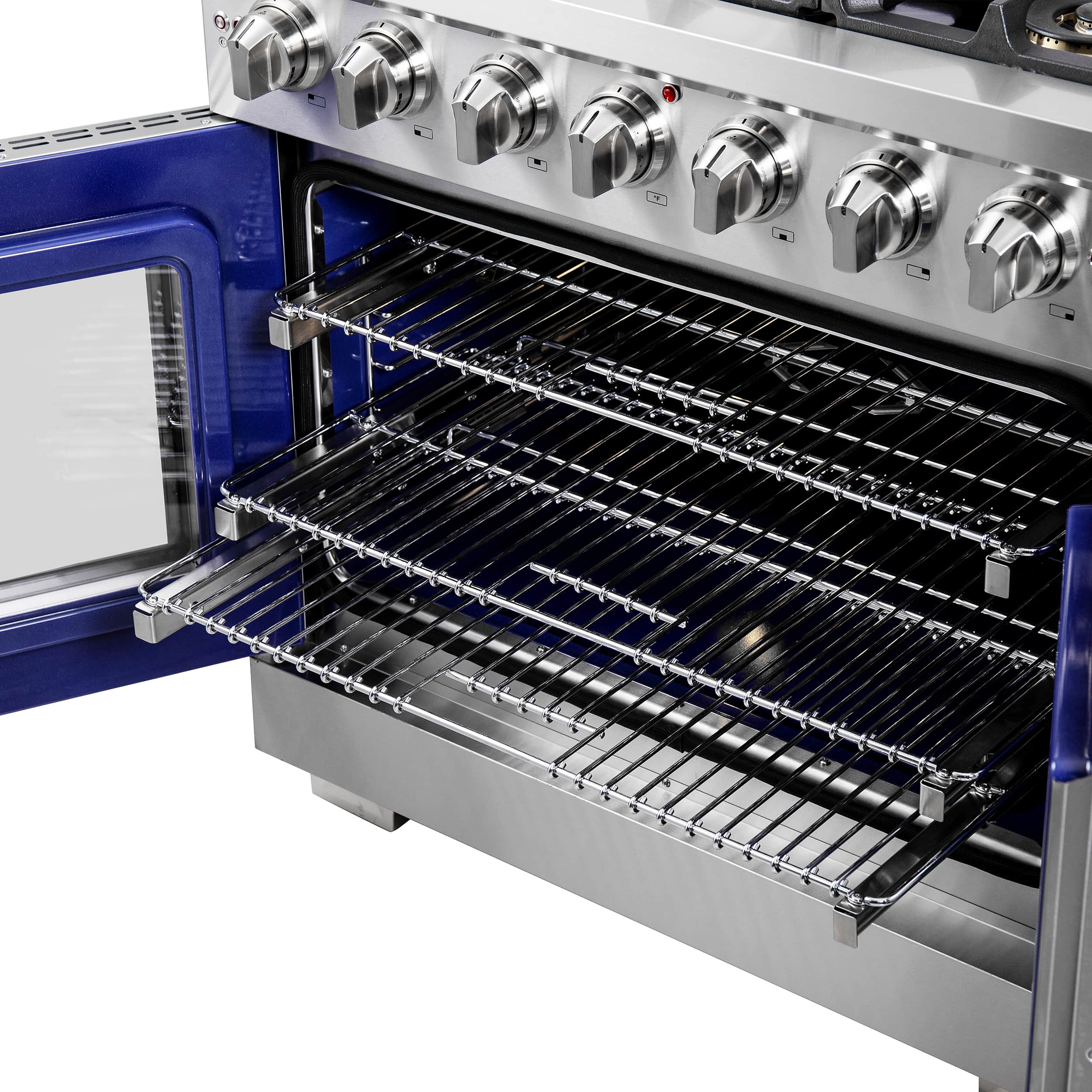 Open stainless steel French-door oven with blue interior and wire rack shelves