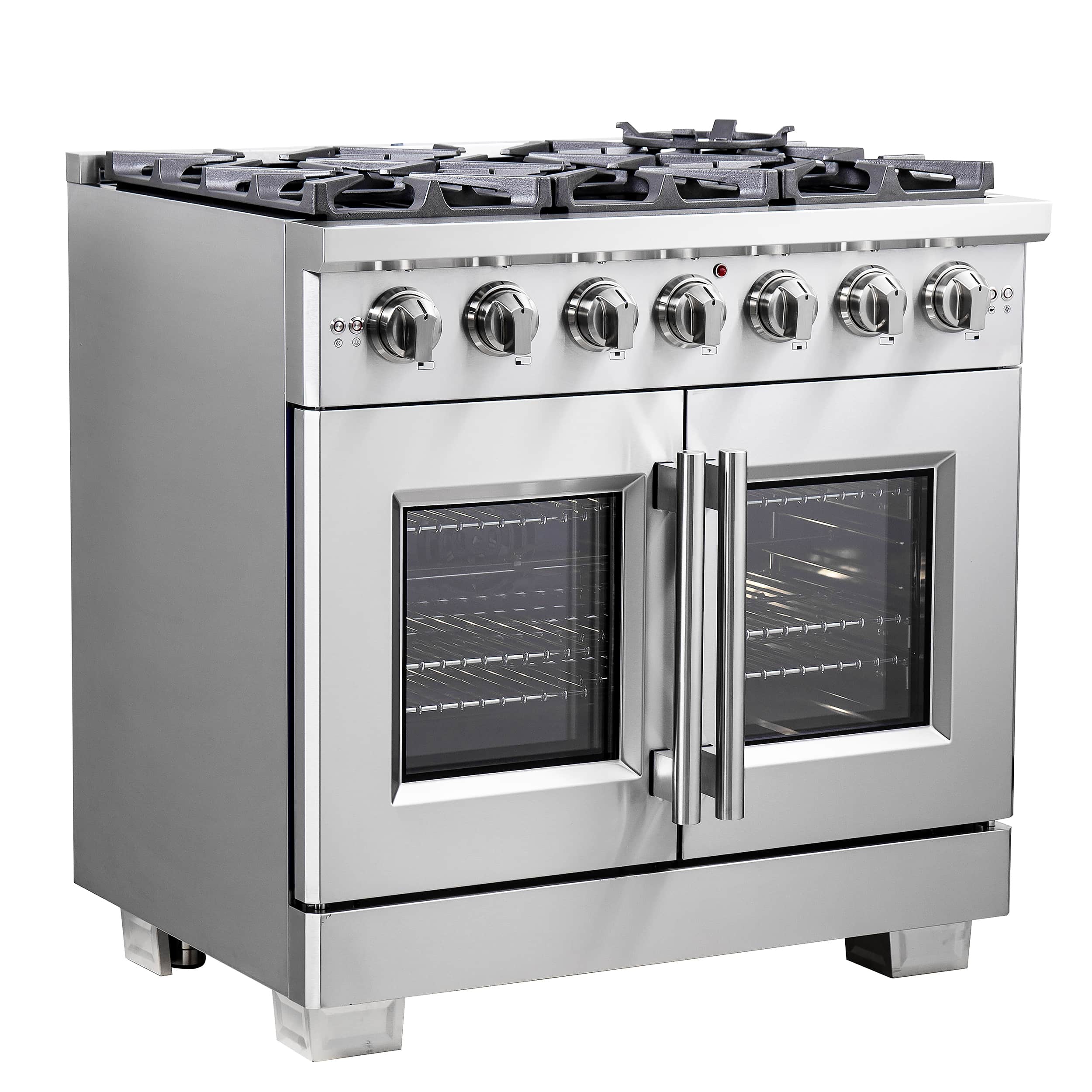 Stainless steel gas range with closed French-door oven and top burner grates