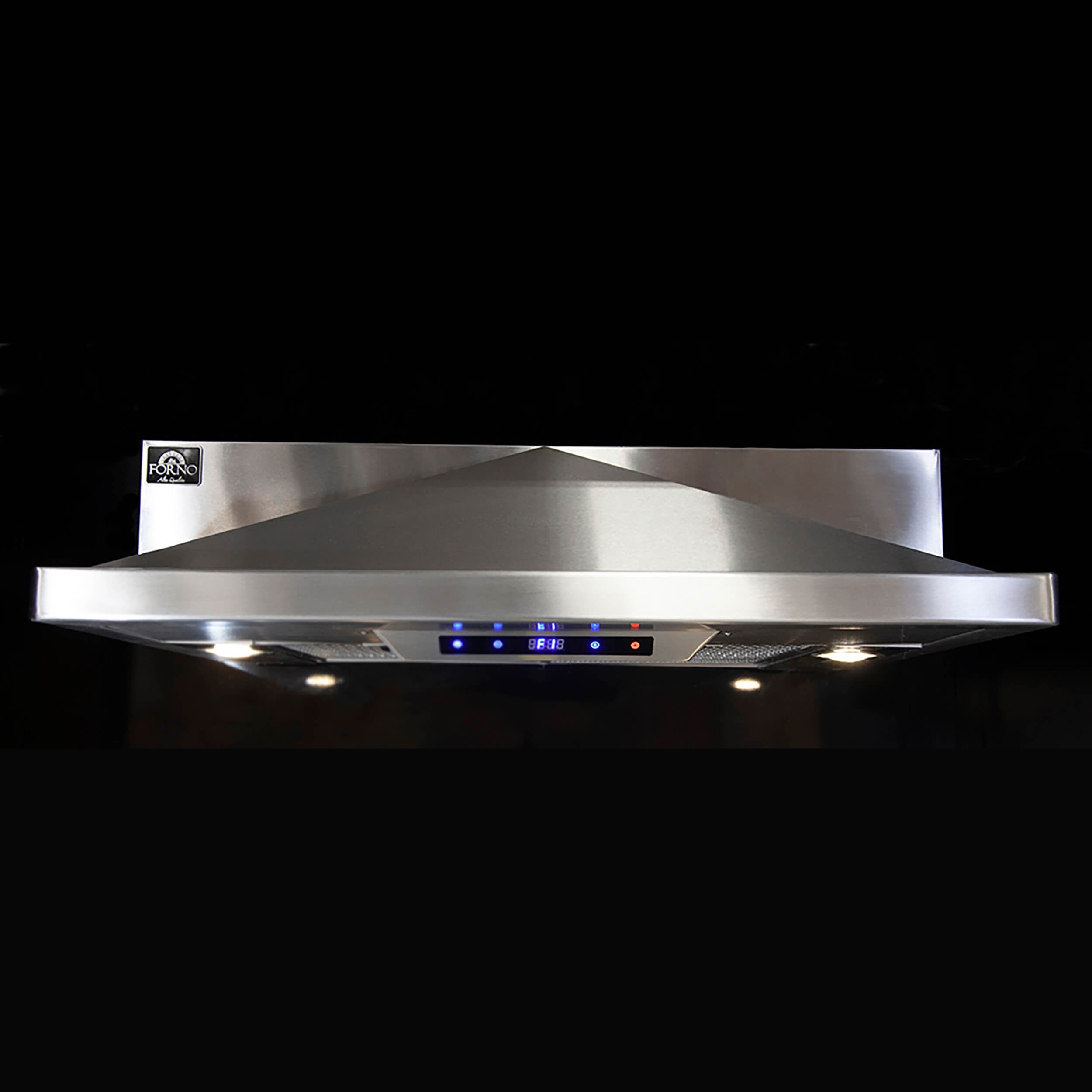Stainless steel under-cabinet range hood with illuminated lights and blue LED control strip