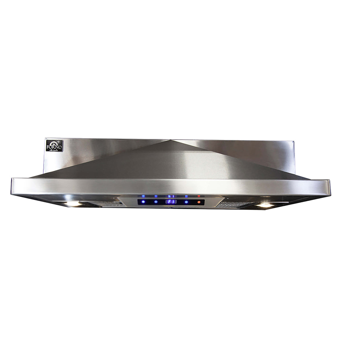 Stainless steel under-cabinet range hood, front view, blue LED control buttons and mesh vents