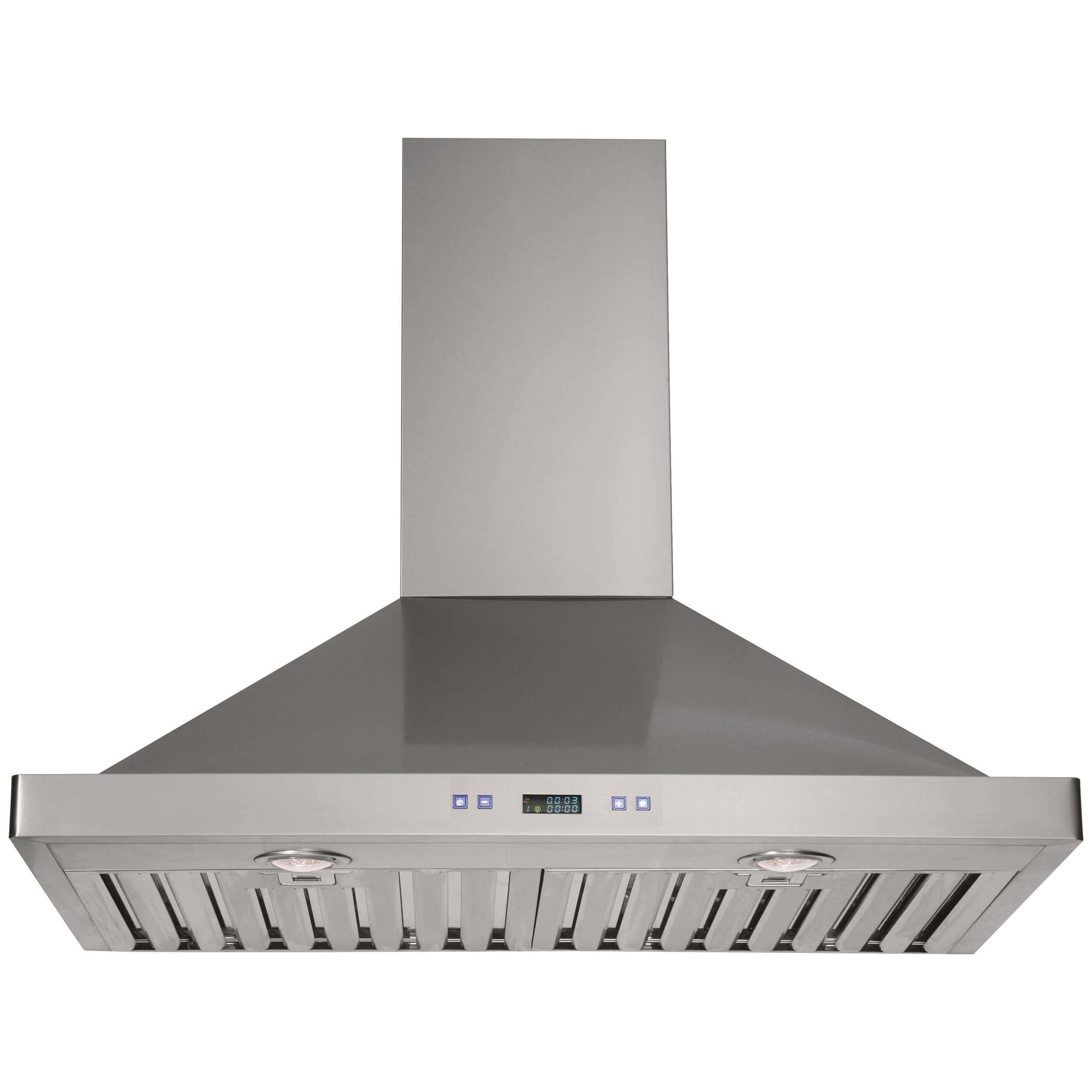 Stainless steel wall mount range hood with front grille and control buttons