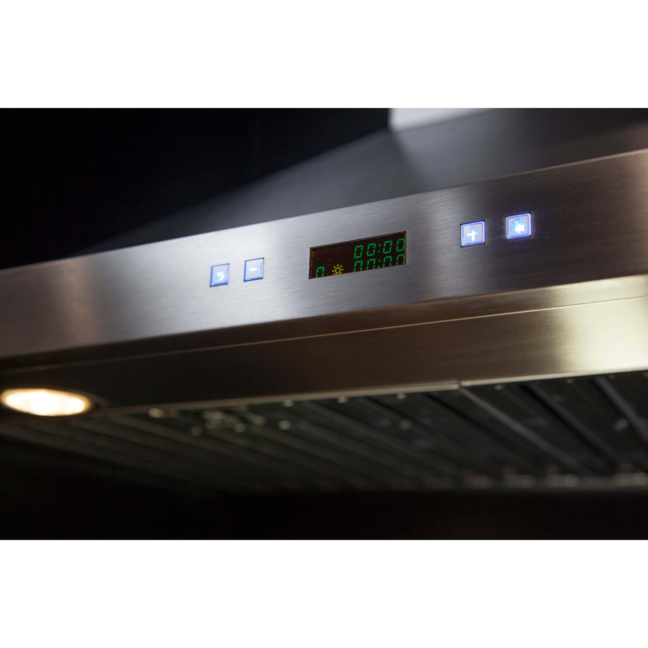 Stainless steel range hood control area with digital display and illuminated buttons