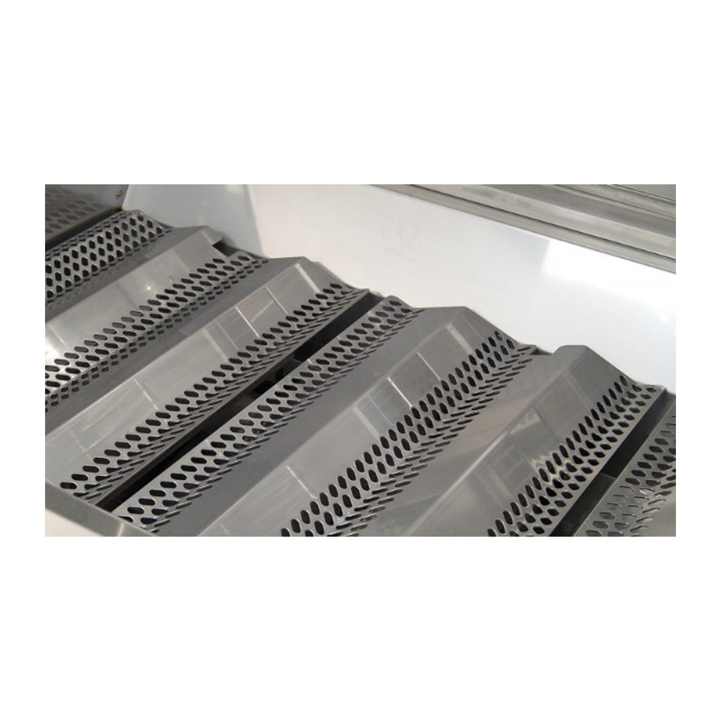 Stainless sear burner shields with evenly spaced perforations for gas grill