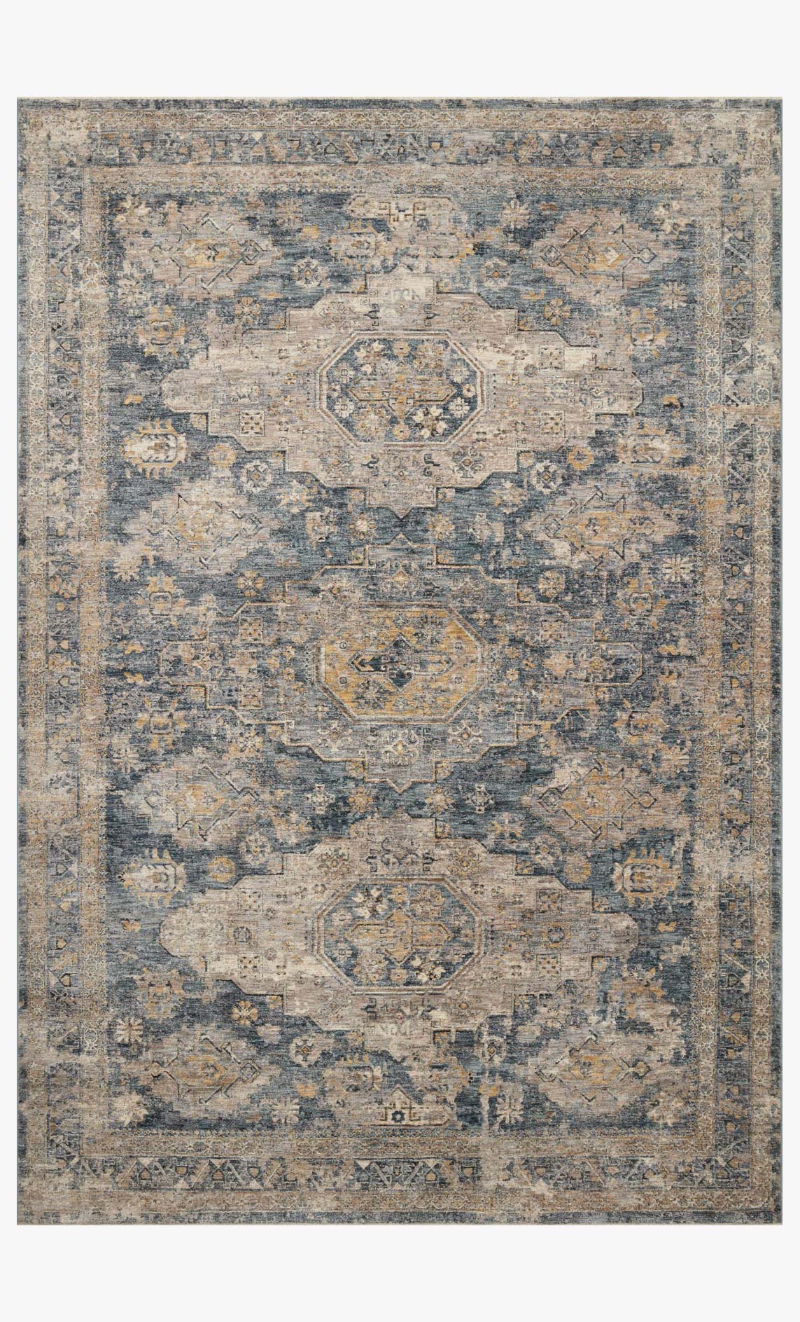 Transitional power-loomed rug in denim blue and taupe, distressed medallion motif.