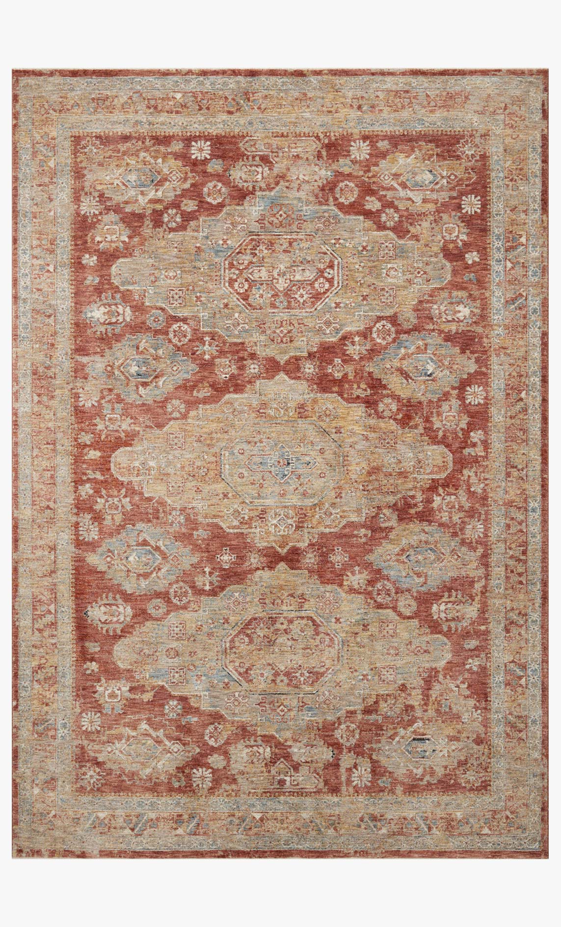 Transitional power-loomed rug in gold and brick with ornate vintage medallion pattern