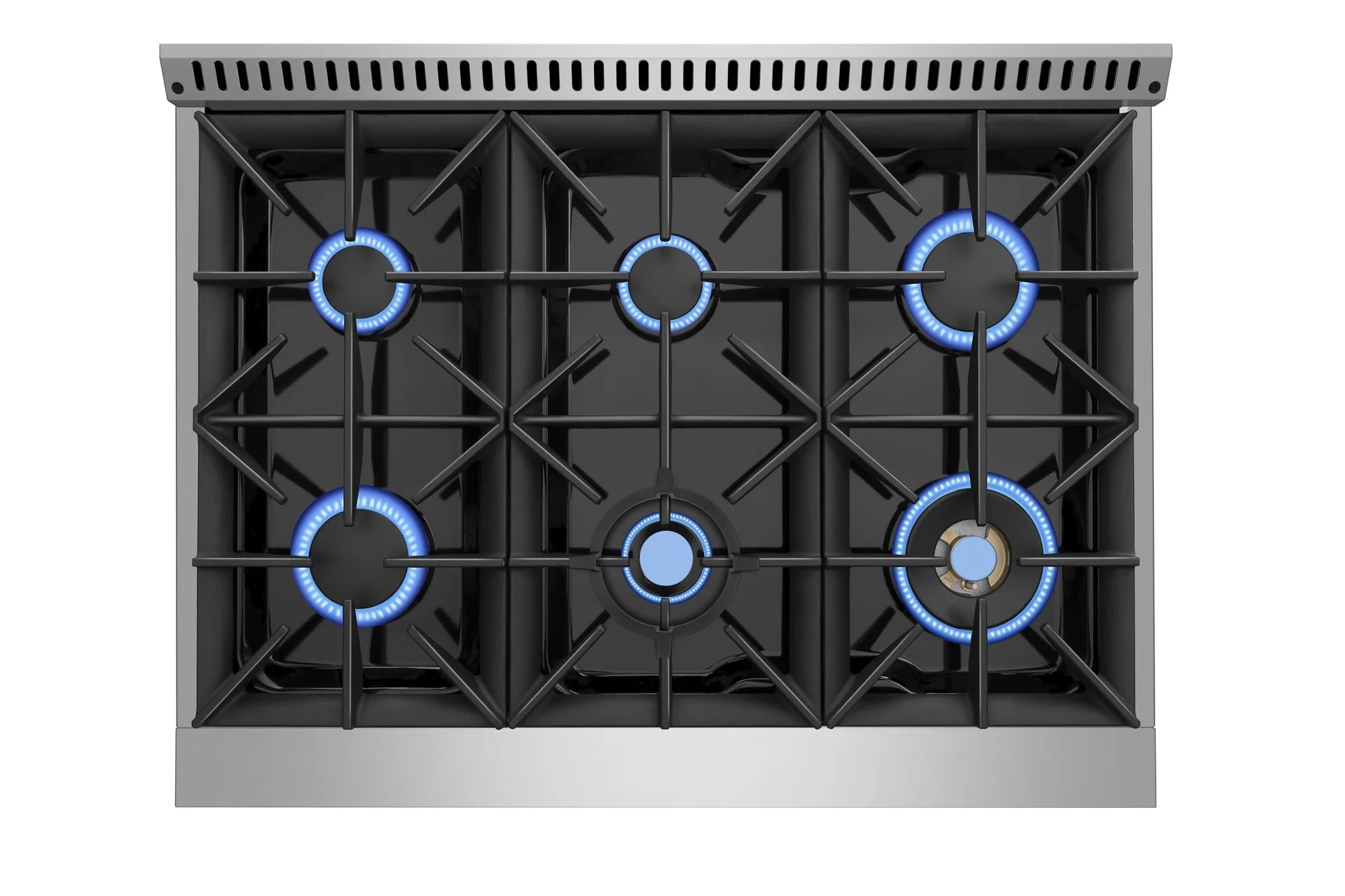 36-inch gas cooktop with black grates and six blue-lit burner caps