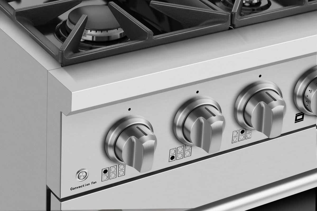 Stainless steel control panel with round gas knobs and burner setting icons