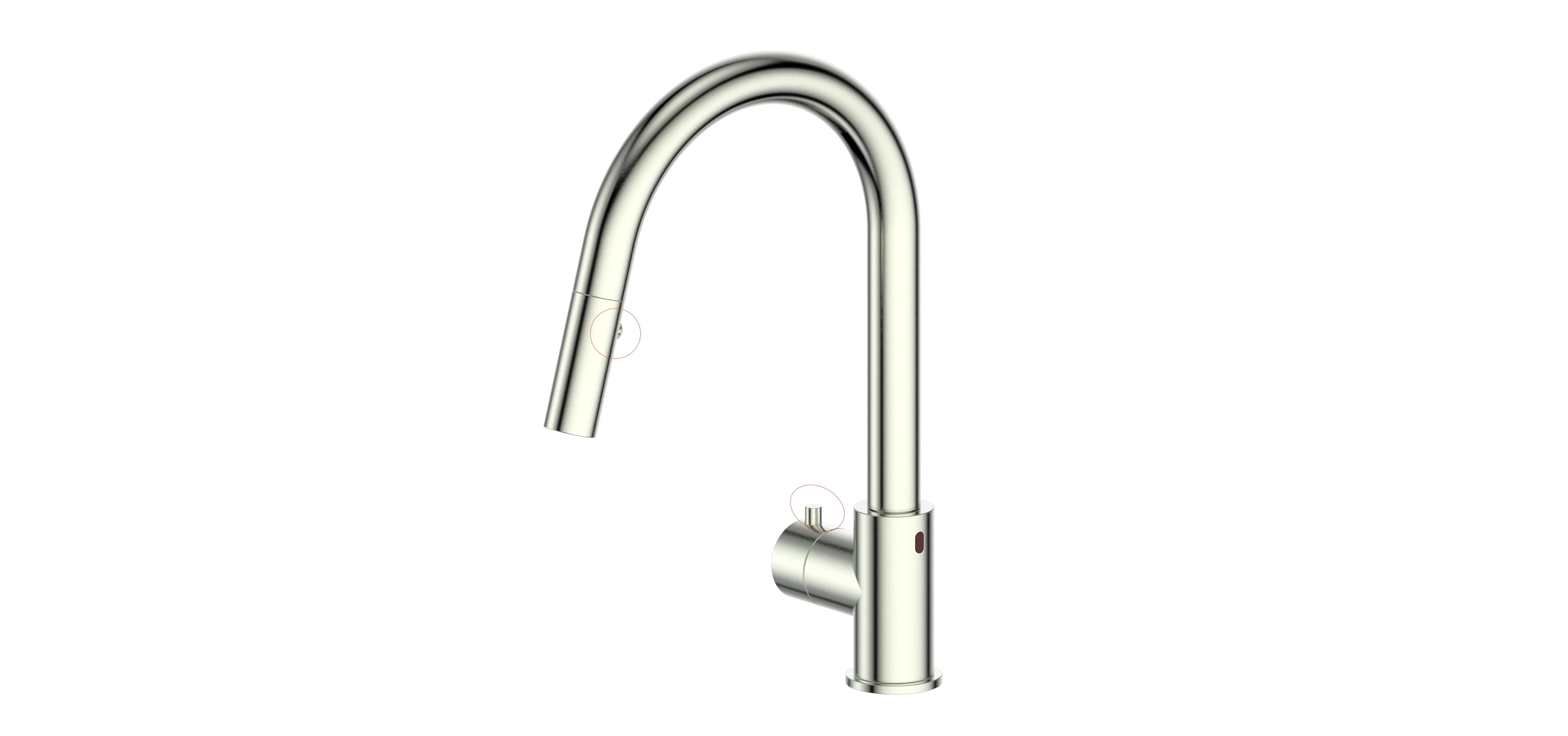 Brushed nickel touchless kitchen faucet with tall curved spout and single control base