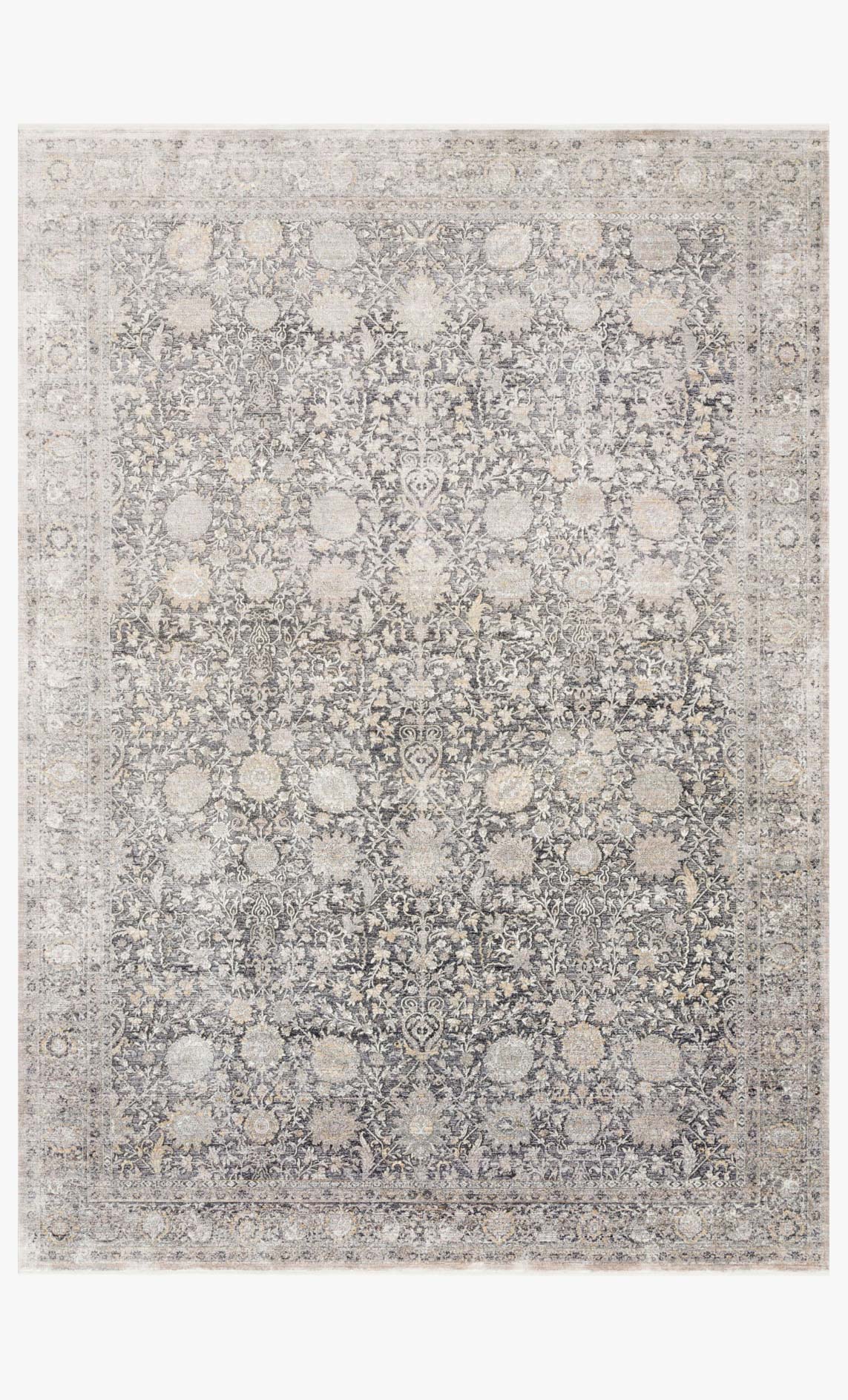 Traditional power-loomed area rug with geometric floral pattern, charcoal and sand