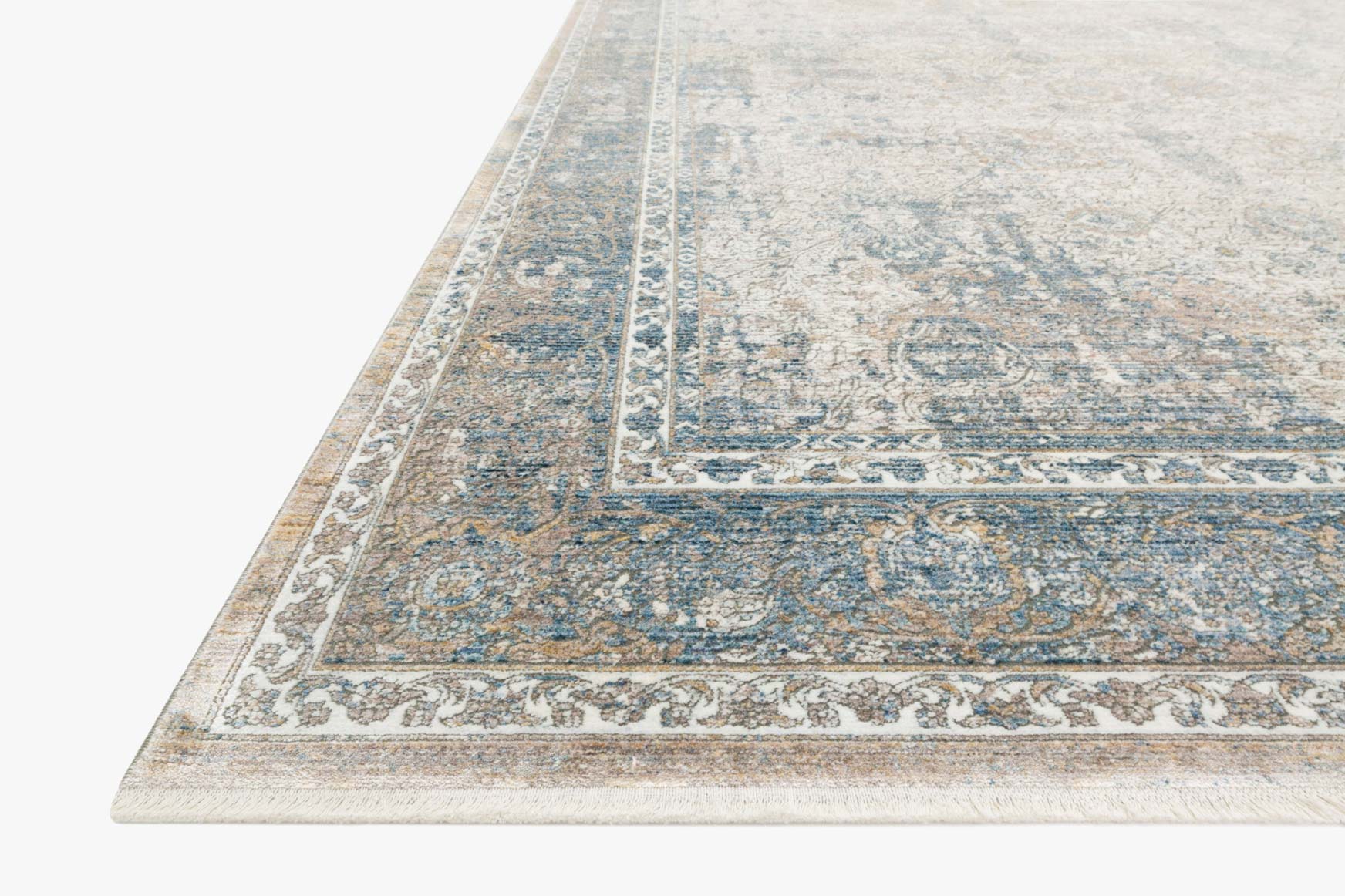 Traditional power loomed rug, sky blue and ivory, wide border and ornate medallion design
