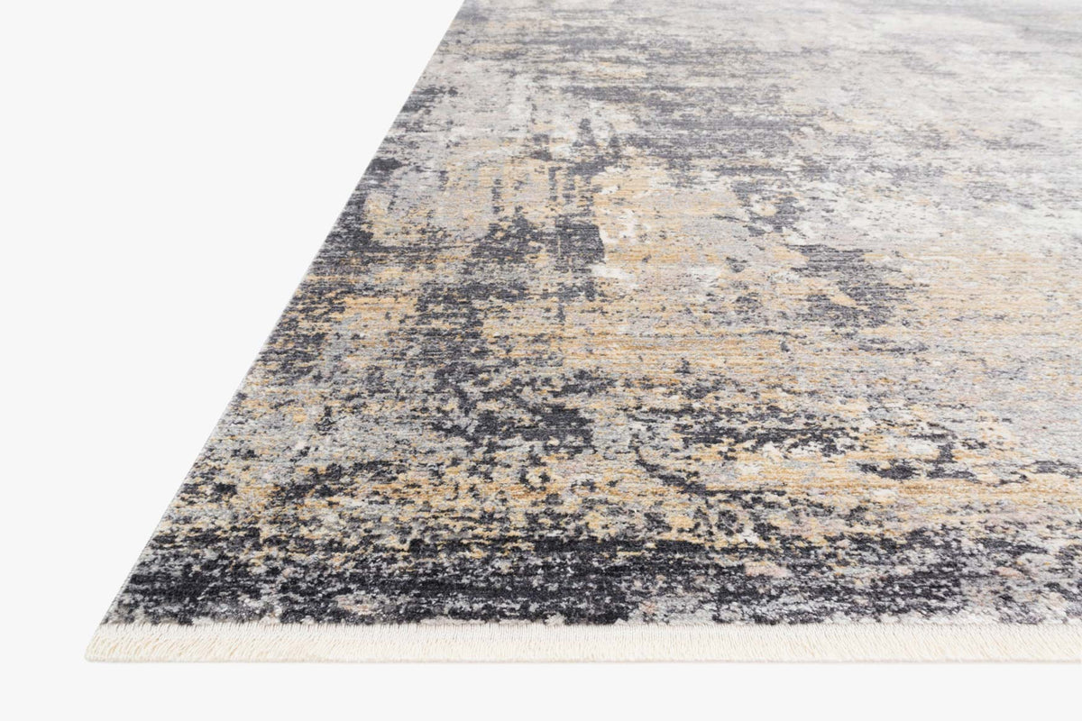 Corner view of neutral abstract power-loomed rug with distressed texture and dark band.