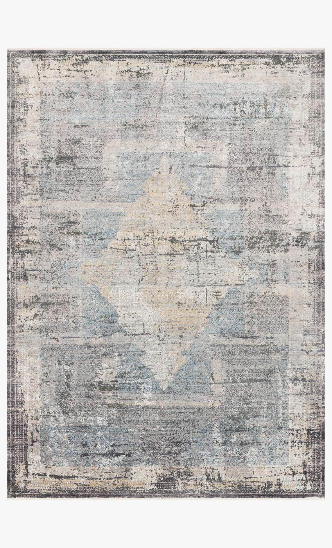 Traditional power-loomed rug with charcoal trim and distressed light grey, blue pattern.