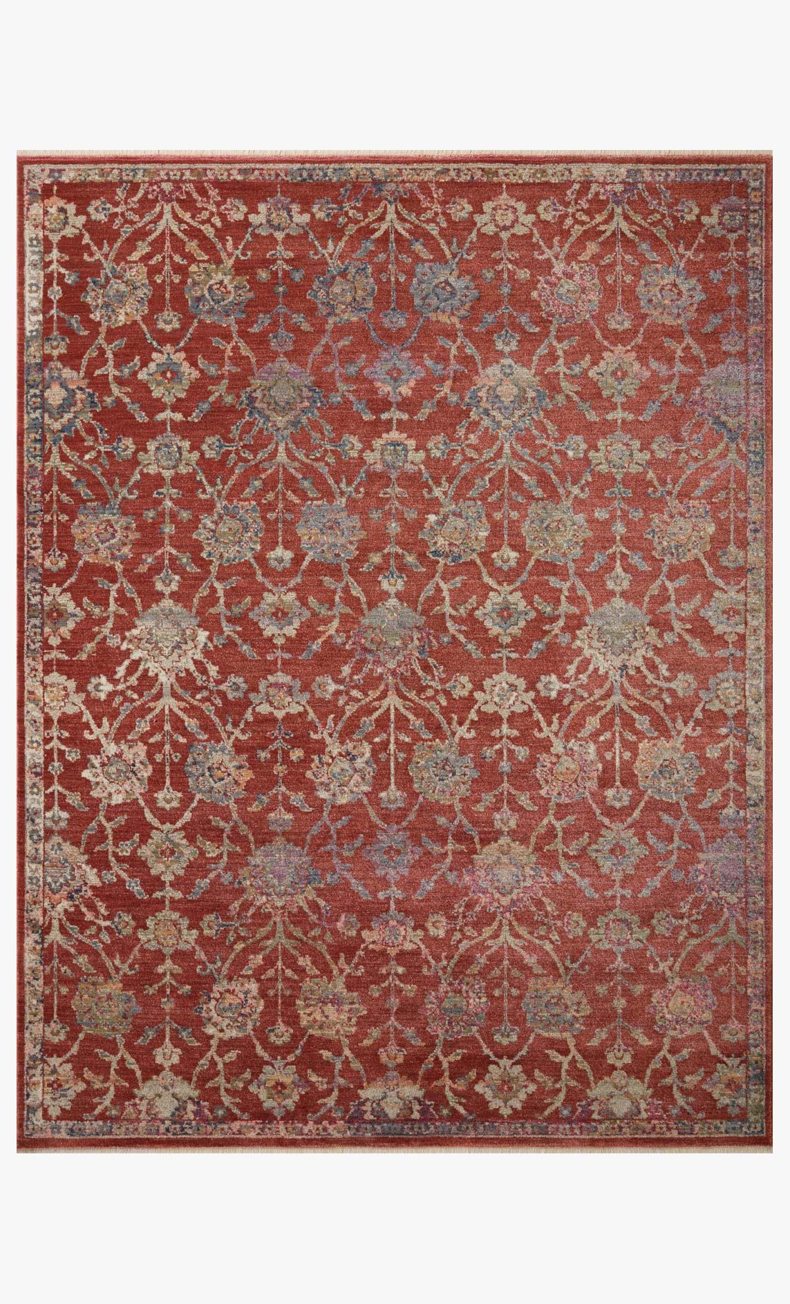 Red traditional power-loomed rug with ornate floral damask medallion pattern