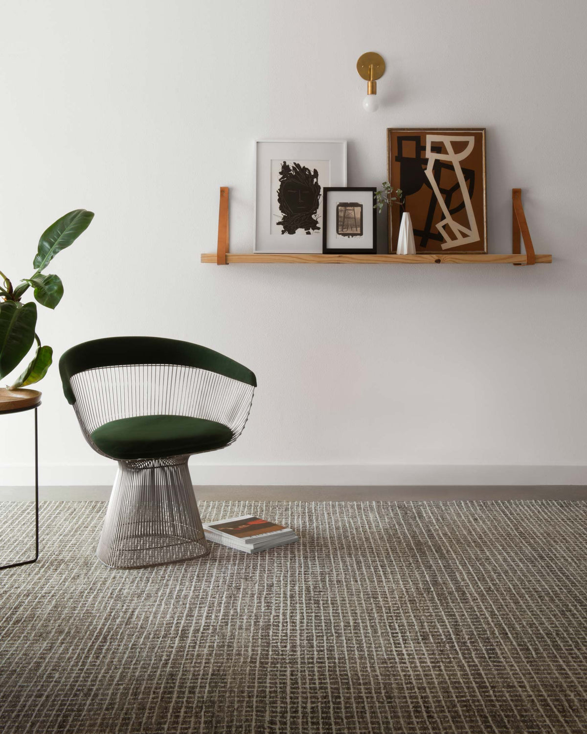 Charcoal hooked rug with dense grid texture, large rectangular