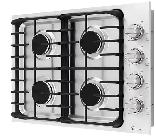 Stainless steel 30-inch gas cooktop with four black burner grates and control knobs