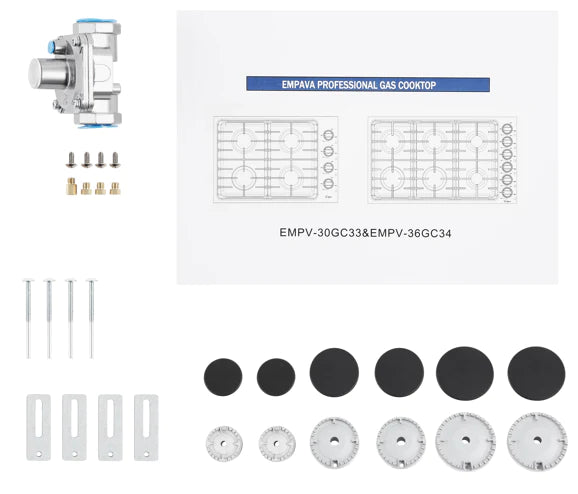Stainless steel natural gas cooktop burner components and control parts, shown exploded