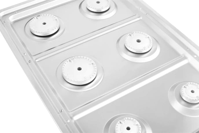 Stainless steel cooktop surface with circular burner caps and raised control knob bases