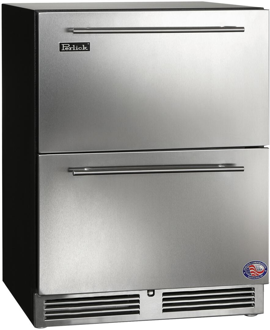 Stainless steel compact freezer with two drawer doors and front vent grille