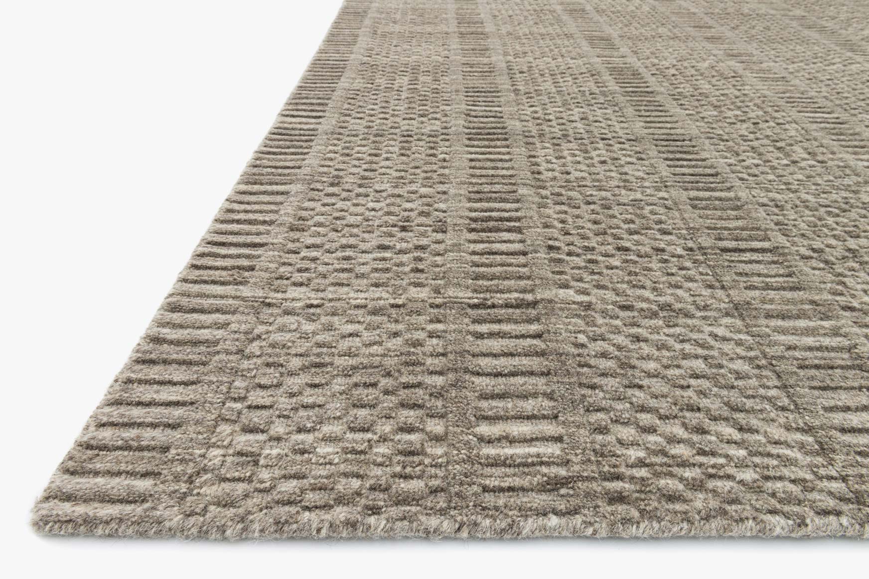Stone hand-loomed rug with short pile and layered woven stripes