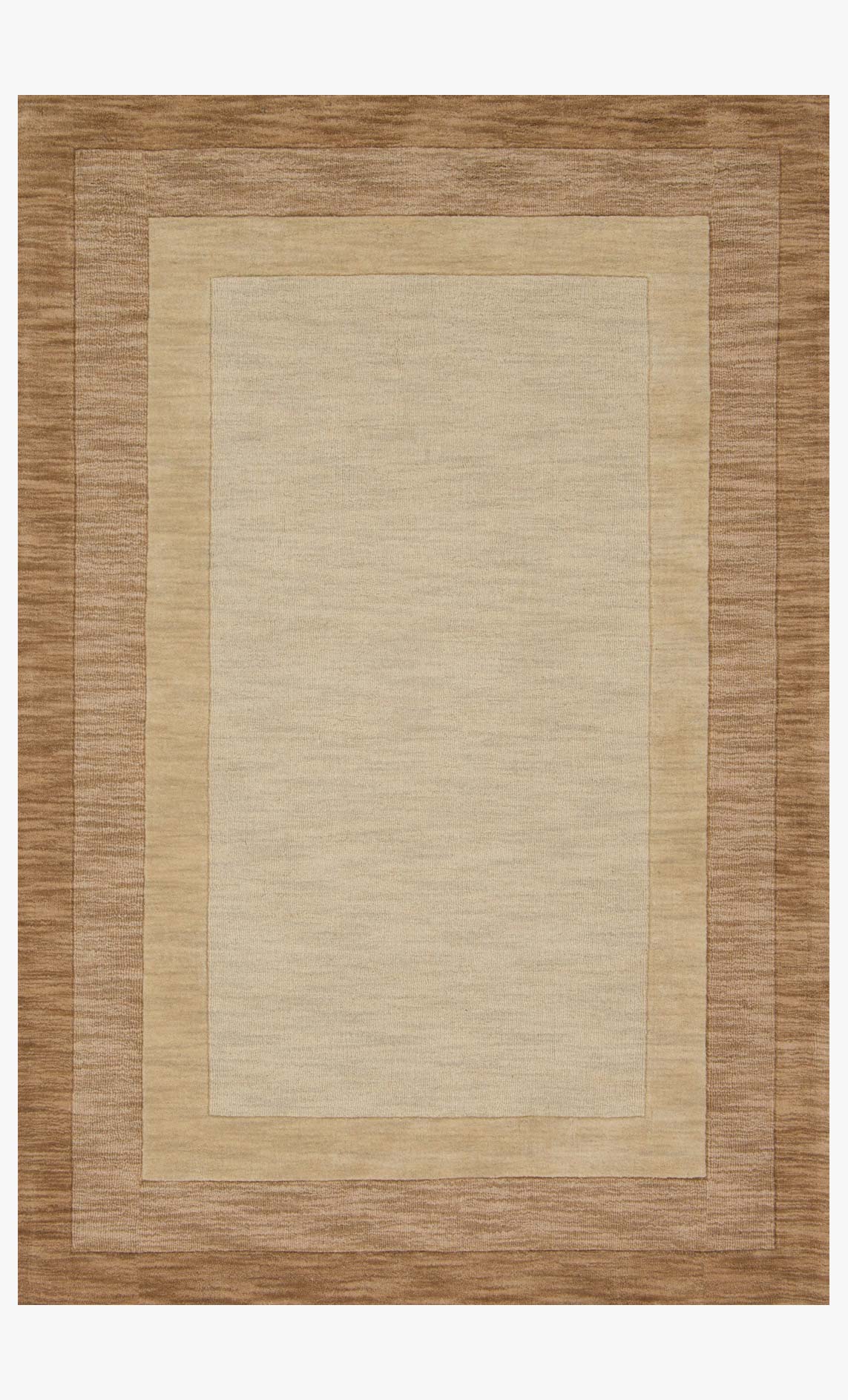 Beige transitional hand-loomed rug with geometric border and center panel.
