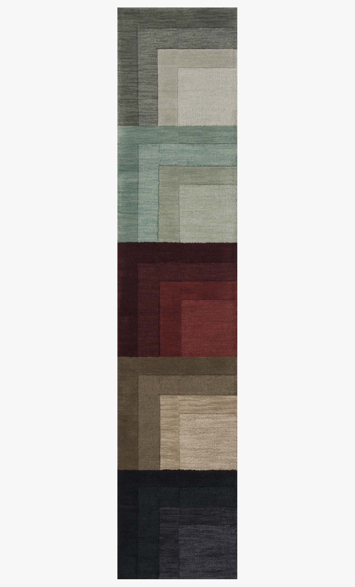 Transitional hand-loomed rug with geometric block pattern in teal, gray, tan, burgundy, and dark charcoal