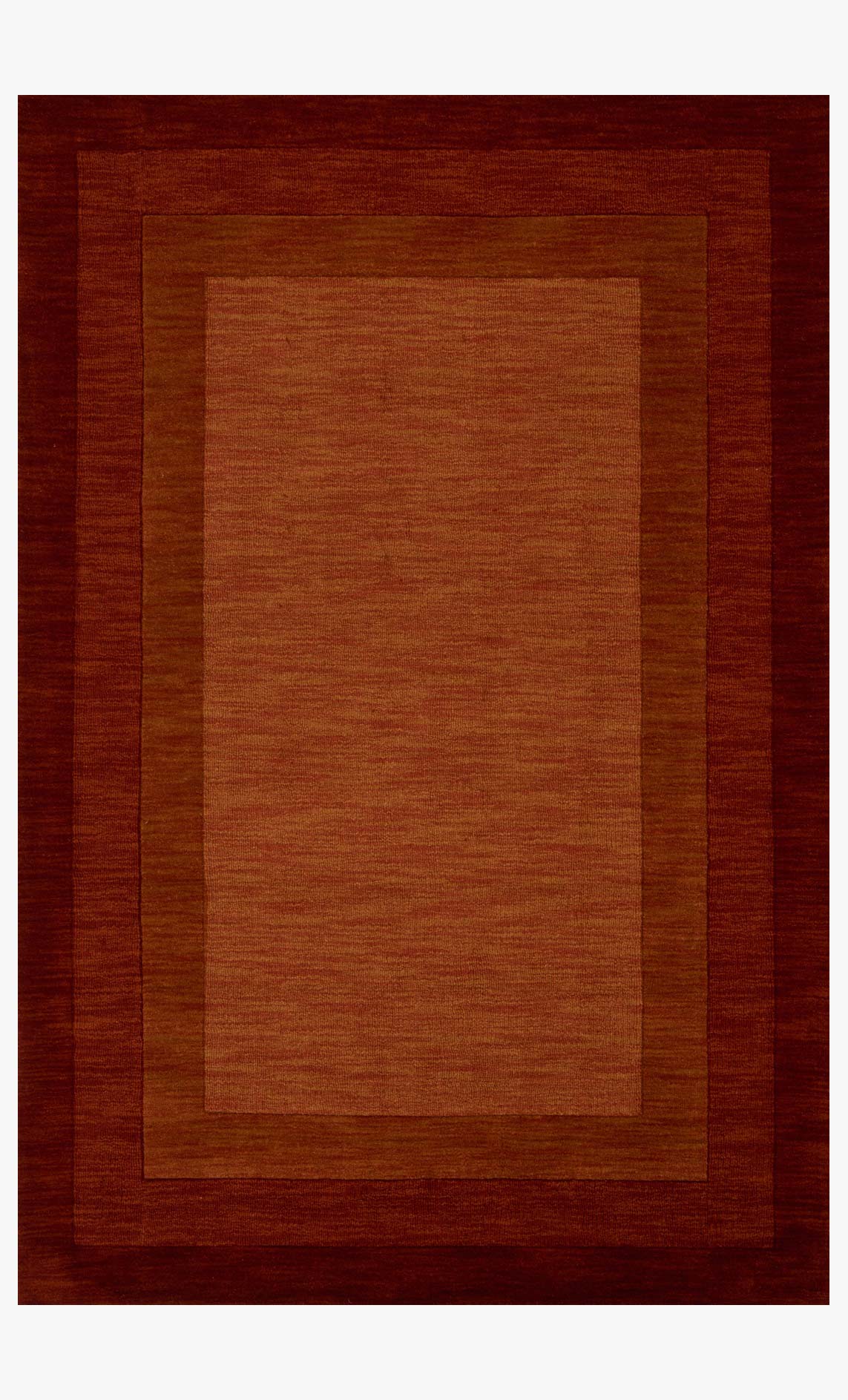 Rust transitional hand-loomed rug with central panel and border, rectangular