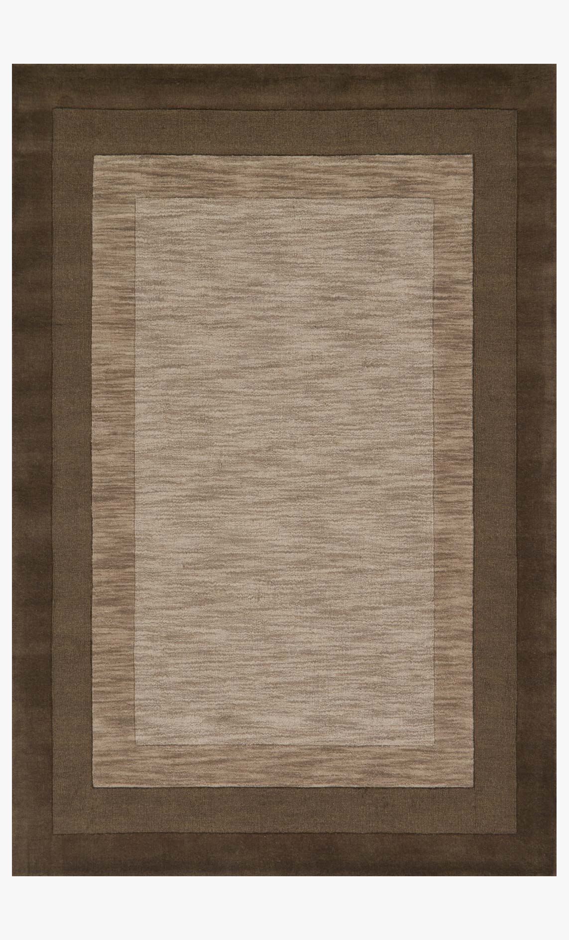 Transitional hand-loomed rug with dark tobacco border and light center panel, rectangular.