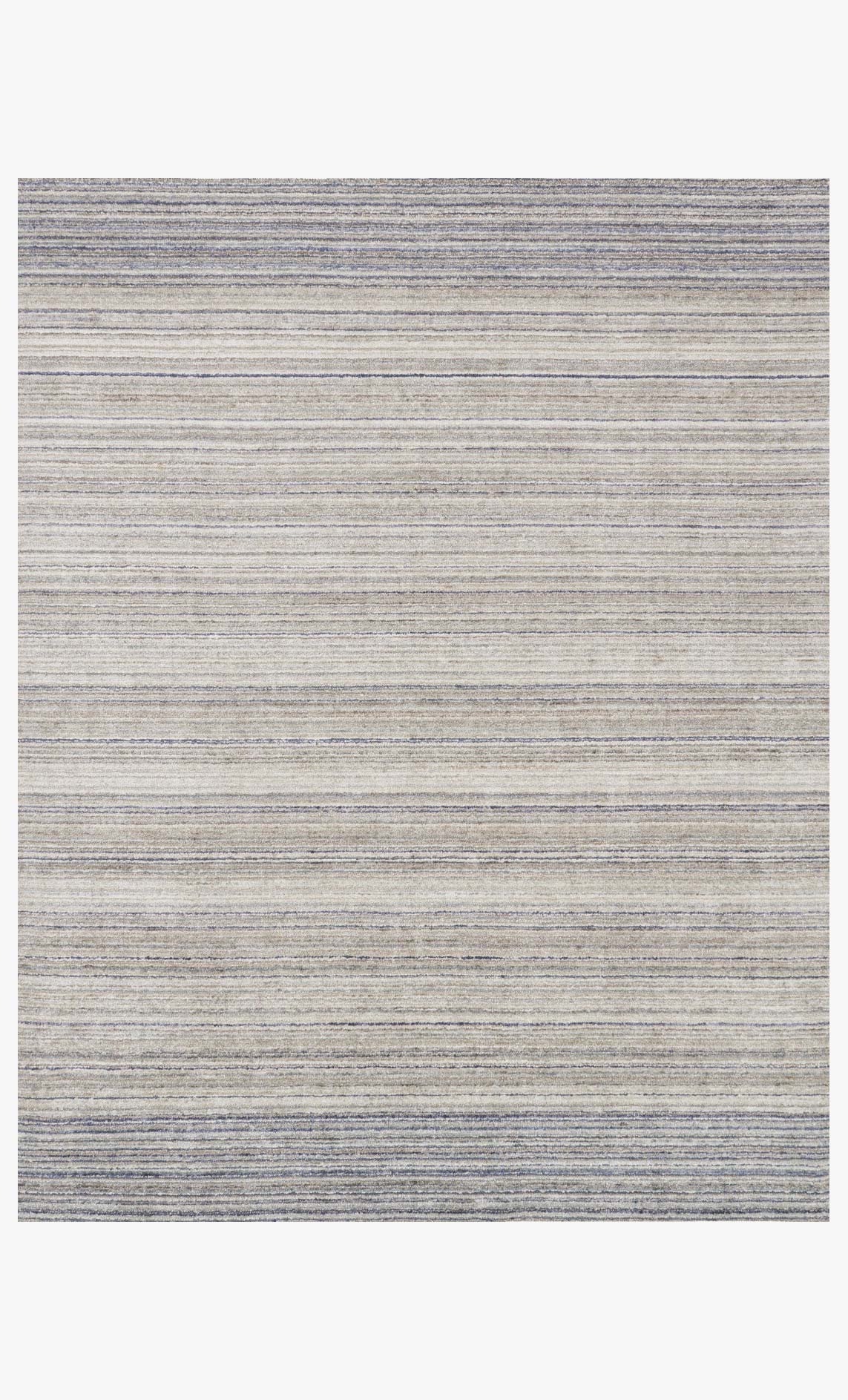 Square hand-loomed rug with thin silver and blue horizontal stripes
