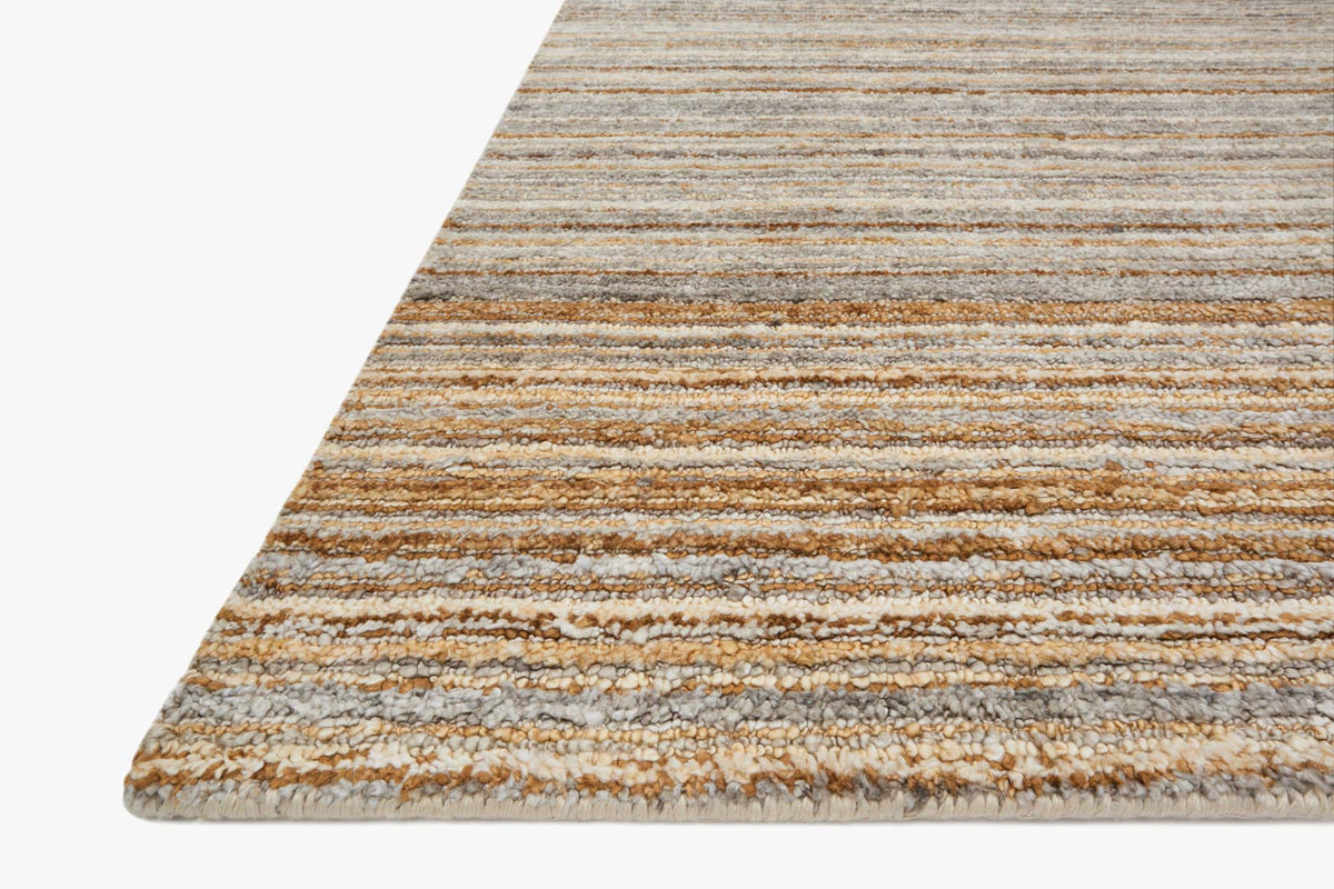 Transitional hand-loomed rug corner with gray, gold and tan horizontal stripes