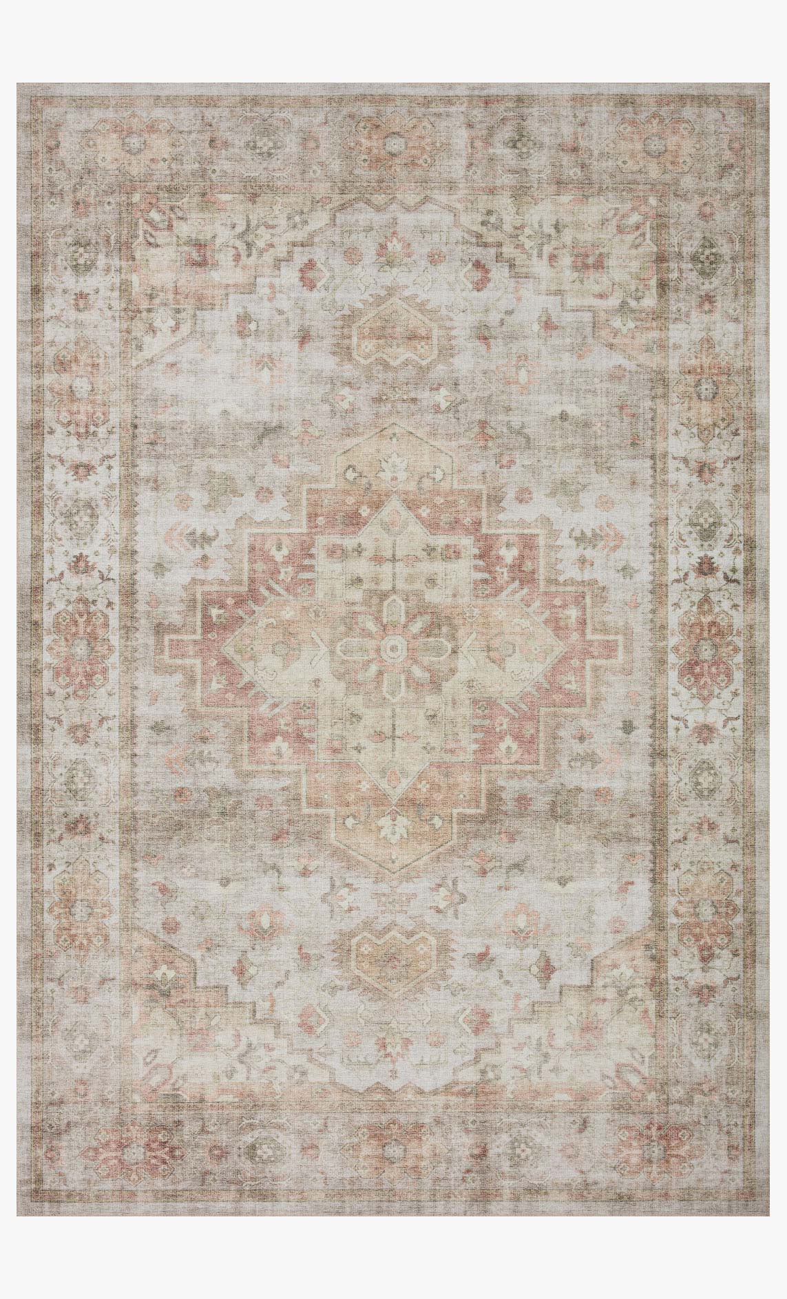 Traditional power-loomed rug with faded medallion pattern and sage, rust, and beige tones
