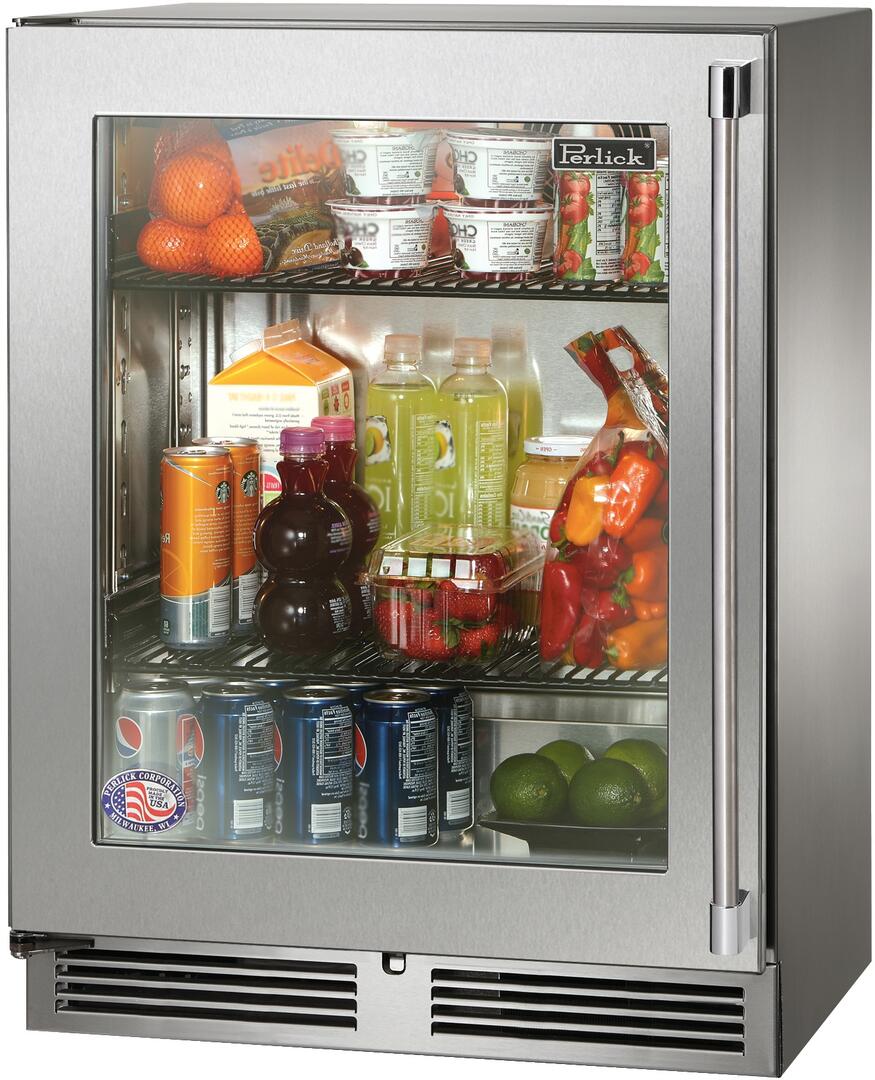 Stainless compact refrigerator with glass door, stocked interior shelves