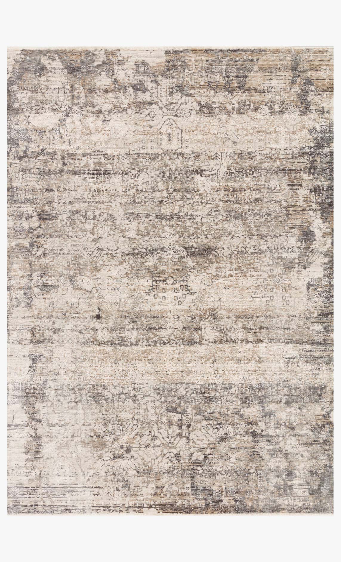 Transitional power-loomed rug with distressed graphite and beige pattern, flat weave.