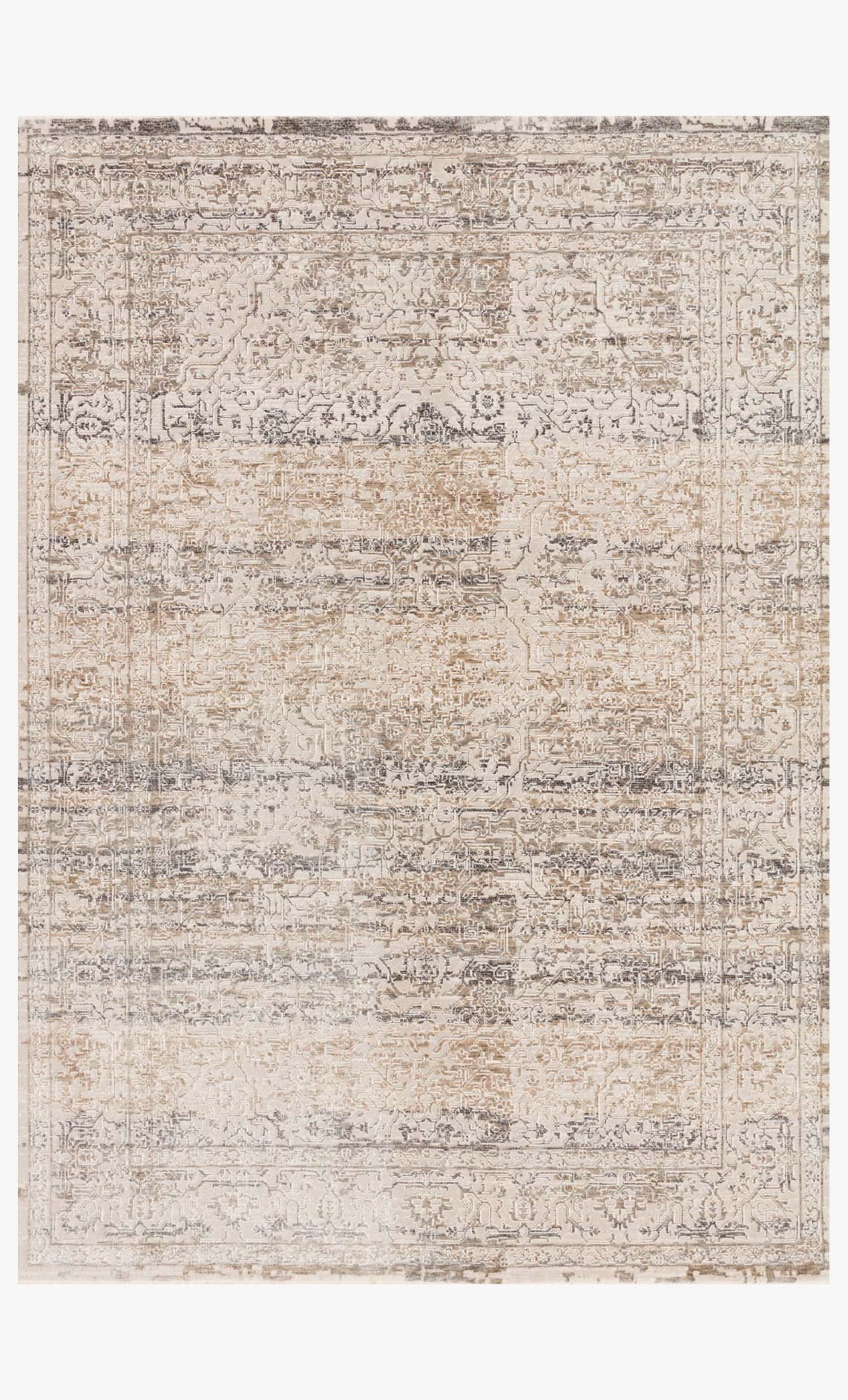 Beige and grey transitional area rug with ornate geometric pattern, power-loomed look