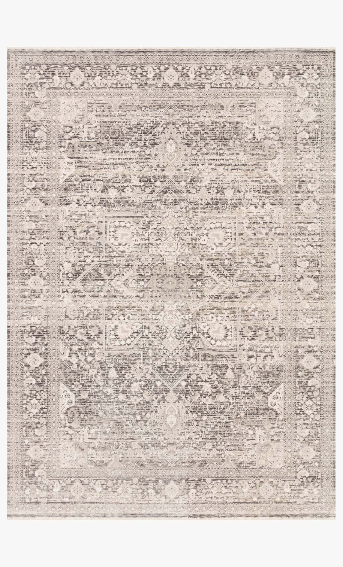 Ivory and grey rug with distressed geometric pattern and border, power-loomed