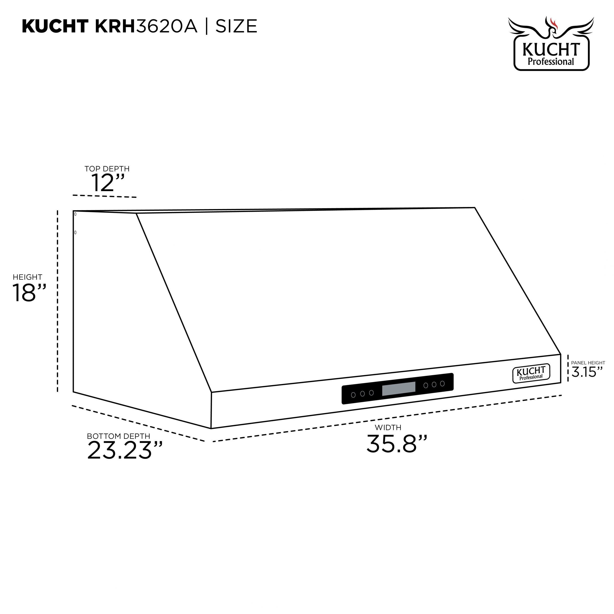 Kucht under-cabinet range hood size diagram with width 35.8 in and height 18 in