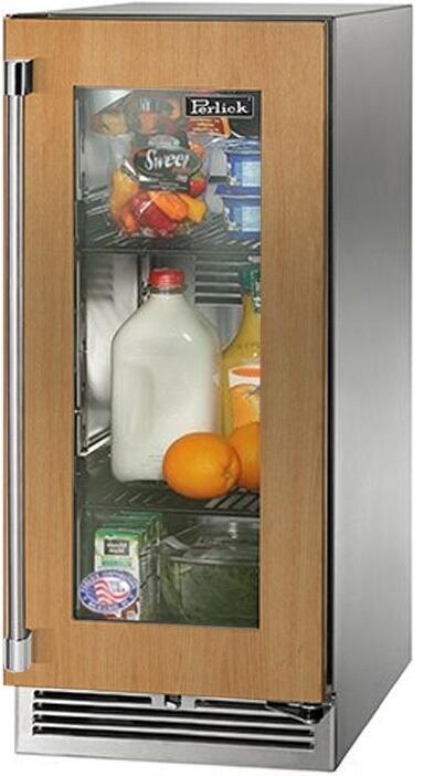 Perlick compact refrigerator, glass door front with bottle and produce on shelves