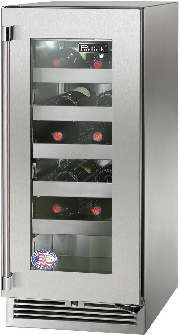 Stainless steel wine cooler with front glass door, vertical handle, and bottom ventilation grille