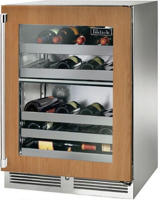 Built-in dual-zone wine cooler with wood front and glass door; stainless frame and bottle racks