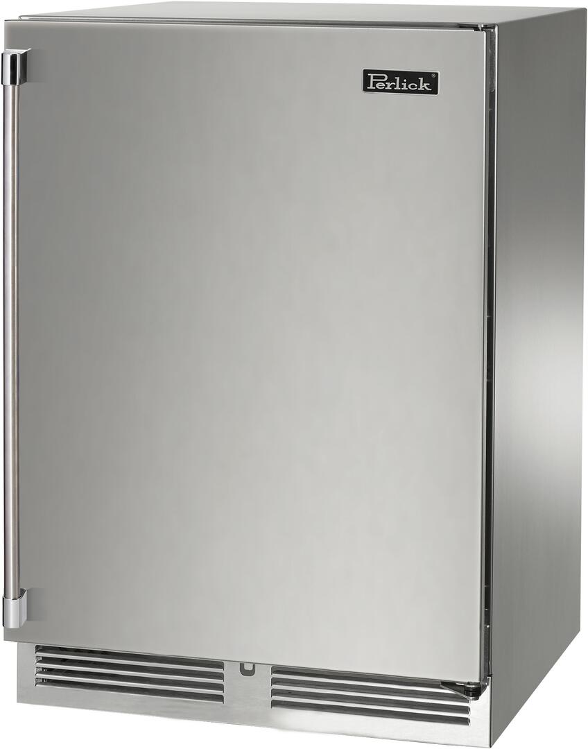 Perlick stainless compact refrigerator with front door and bottom vent, side hinge