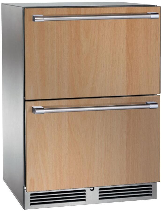 Built-in drawer refrigerator with stainless frame, two front panels and pull handles, bottom vents