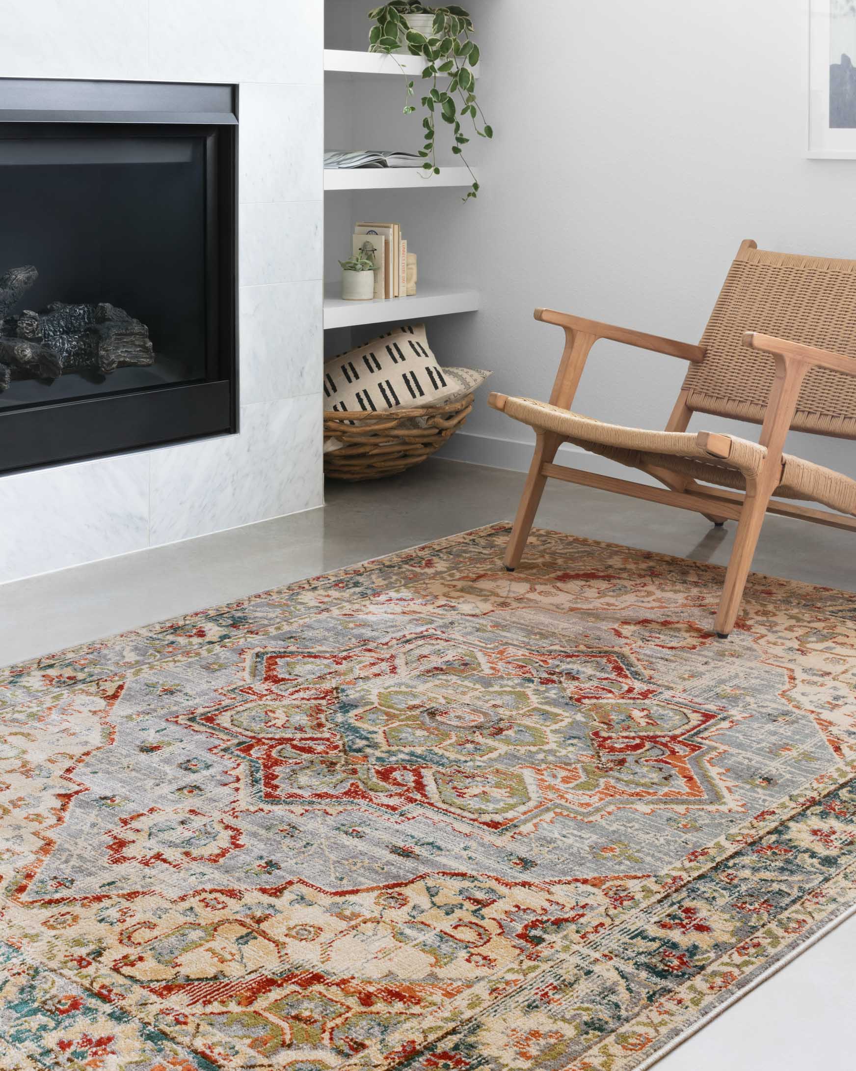 Multicolor transitional area rug with ornate medallion pattern on floor