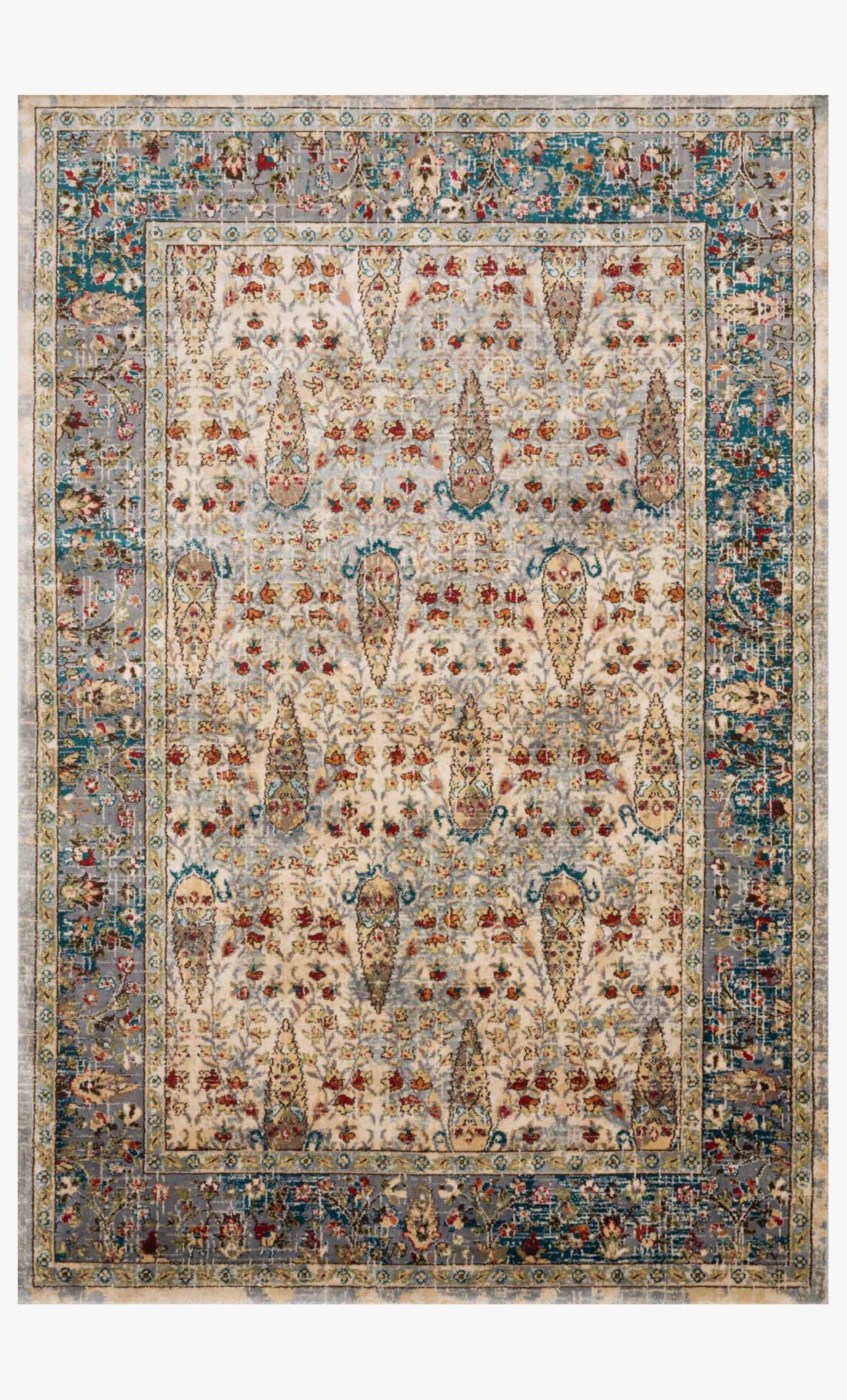 Transitional power-loomed rug with ornate medallion pattern, sand ivory base, blue teal accents.