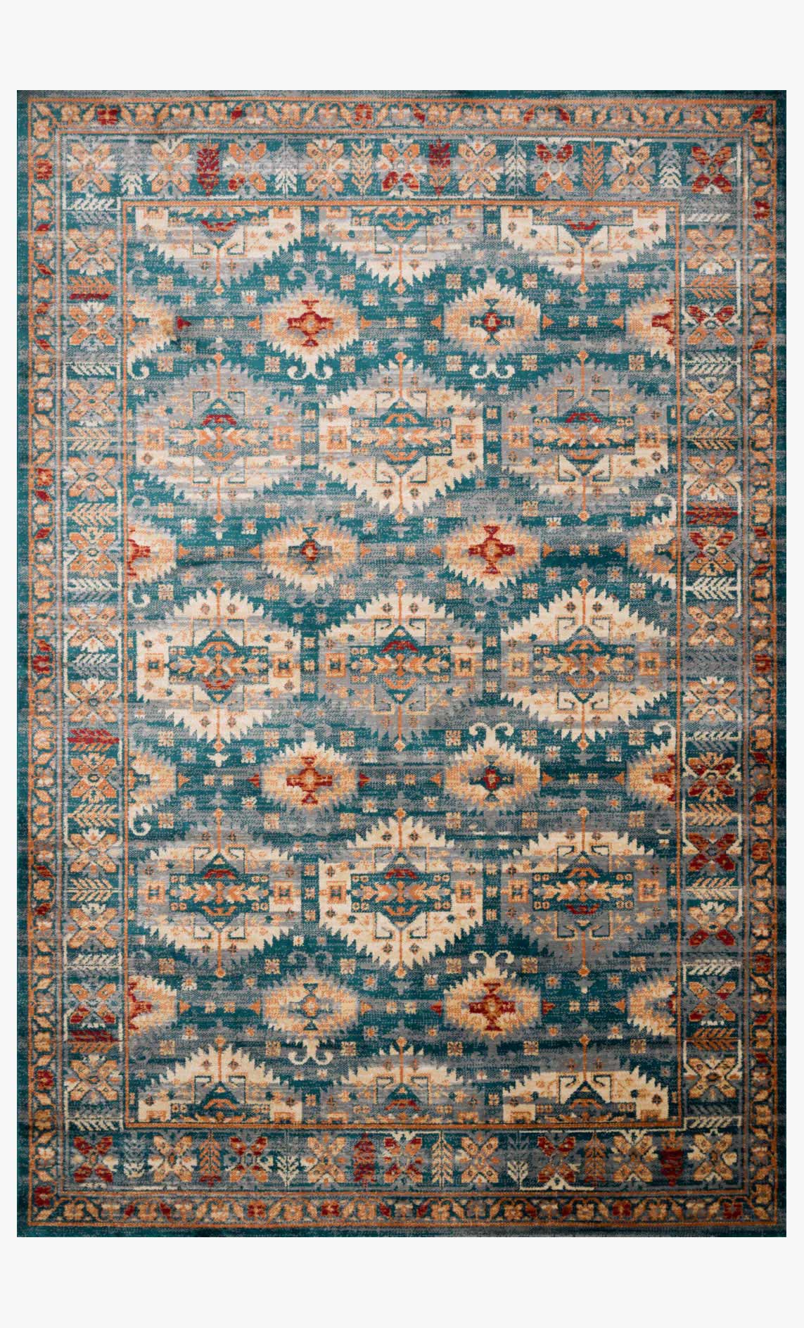 Lagoon patterned power-loomed rug with detailed teal, orange, and cream center medallions