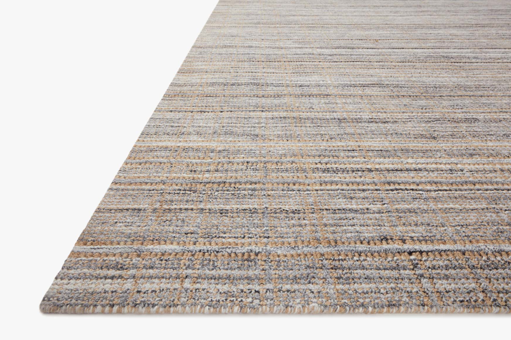 Hand-loomed area rug corner view in natural beige with slate blue-gray tones